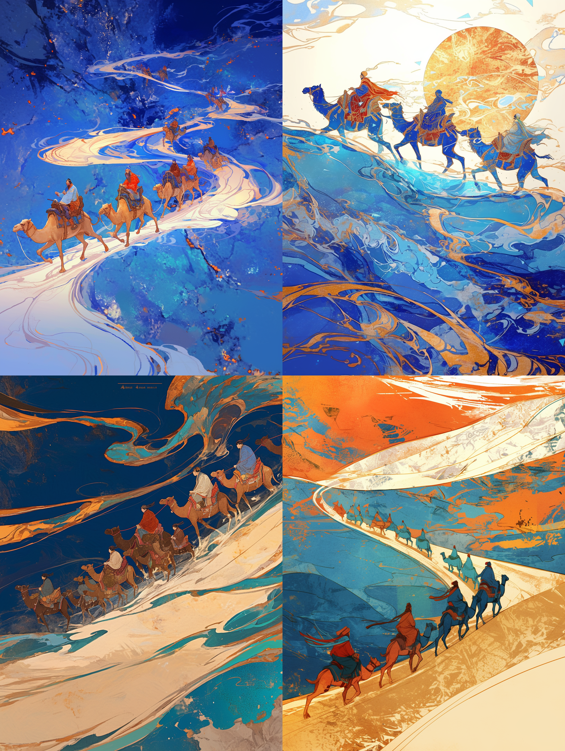 骆驼商队行走在抽象沙漠表面，旋转图案，蓝色调，敦煌艺术风格插图，中国红与靛蓝，白色橙色亮点背景，超现实氛围，数字绘画风格，色彩活力流动性，梦幻捕捉运动能量