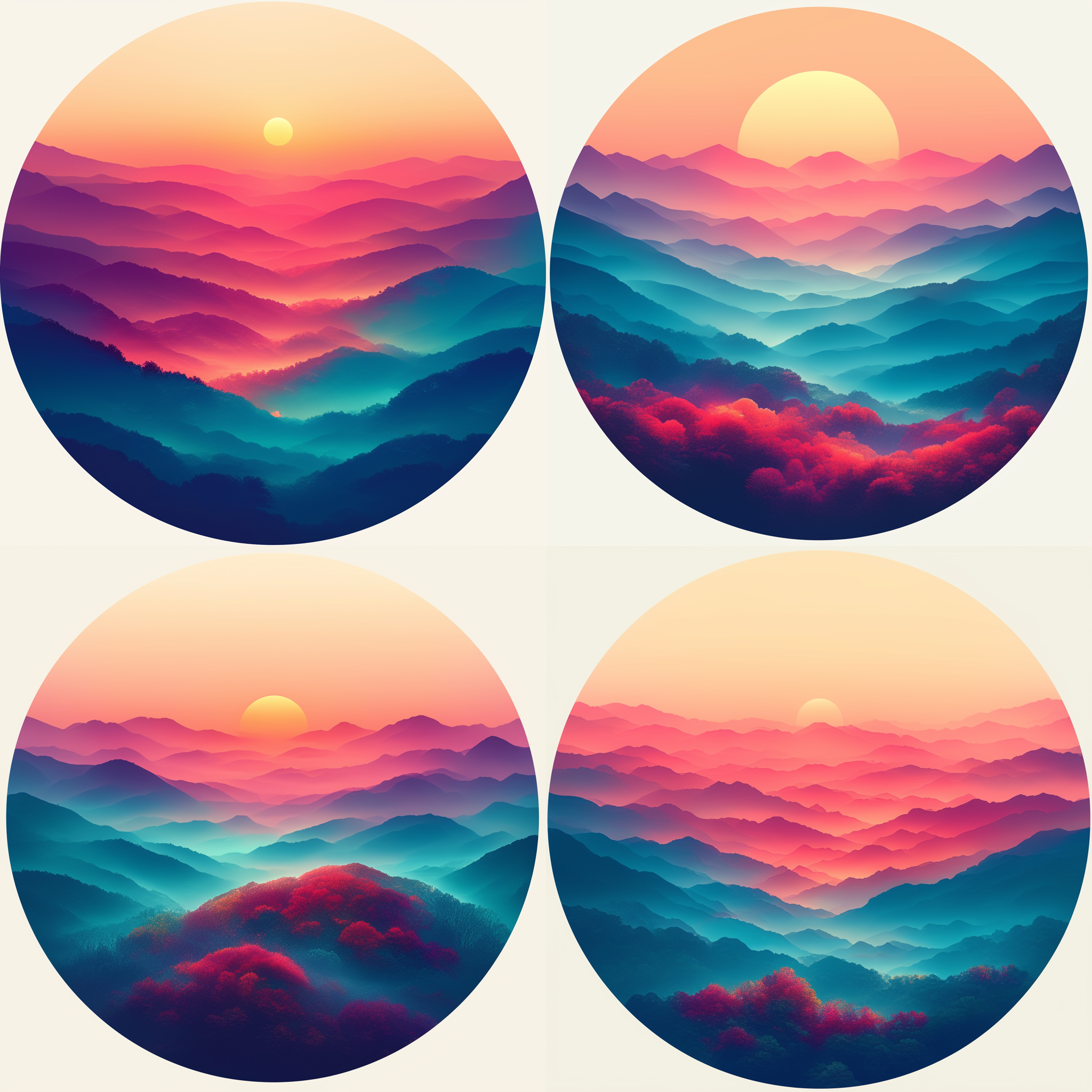 风景标志，前景树后山脉，矢量风格，颜色简单，抽象表达，景深区分，高清画质，静谧氛围，白色背景，png格式输出，自然元素，简洁线条，平滑渐变，视觉焦点，设计感。 标志设计