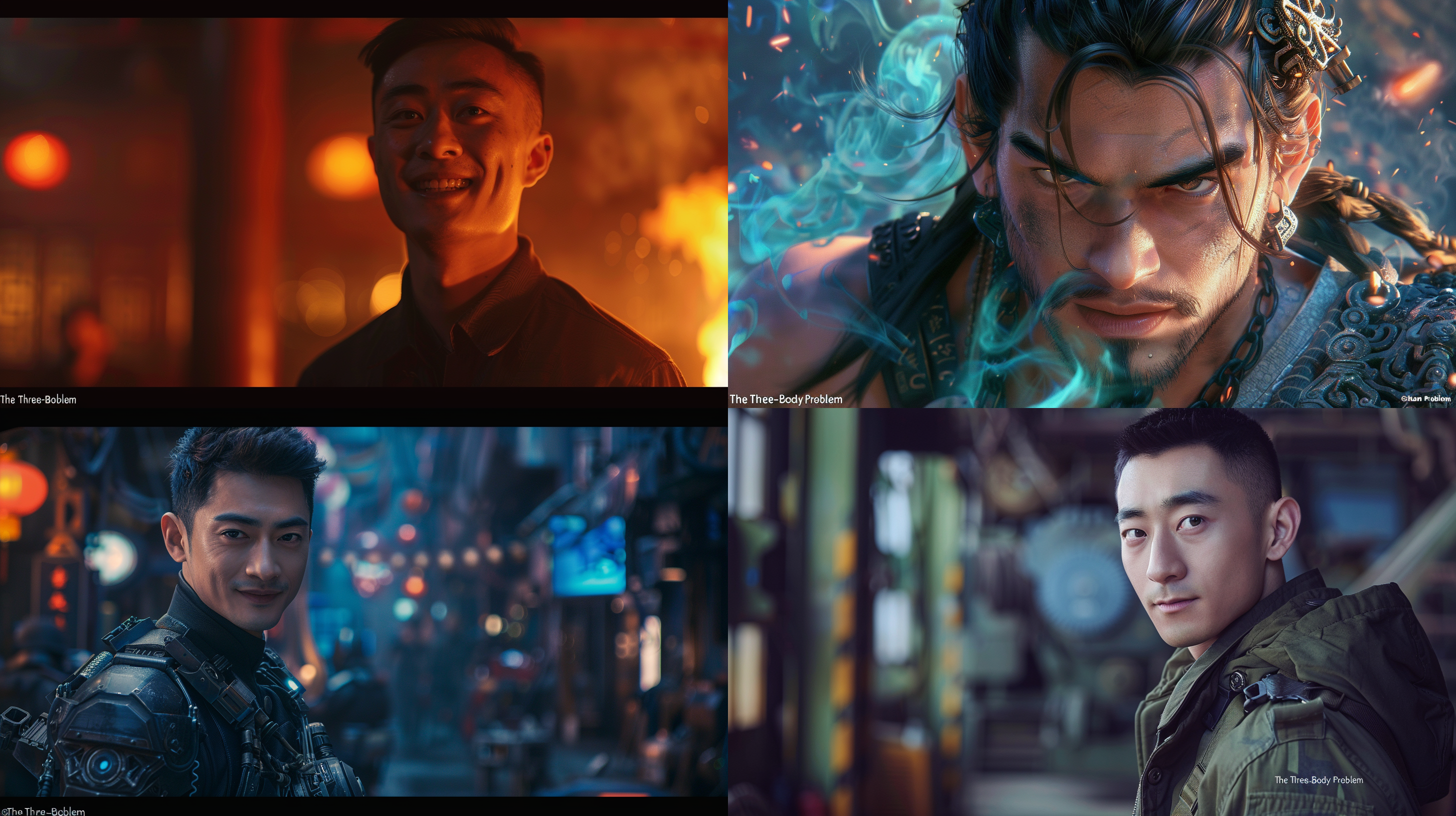 未来科技机械元素的中国，帅哥微笑，肤质细节真实，帅哥在战场，对称构图，柔和光线，暖色调，长焦镜头，静谧，优雅，细节丰富，传统元素，温馨，三体的元素最高清质量。