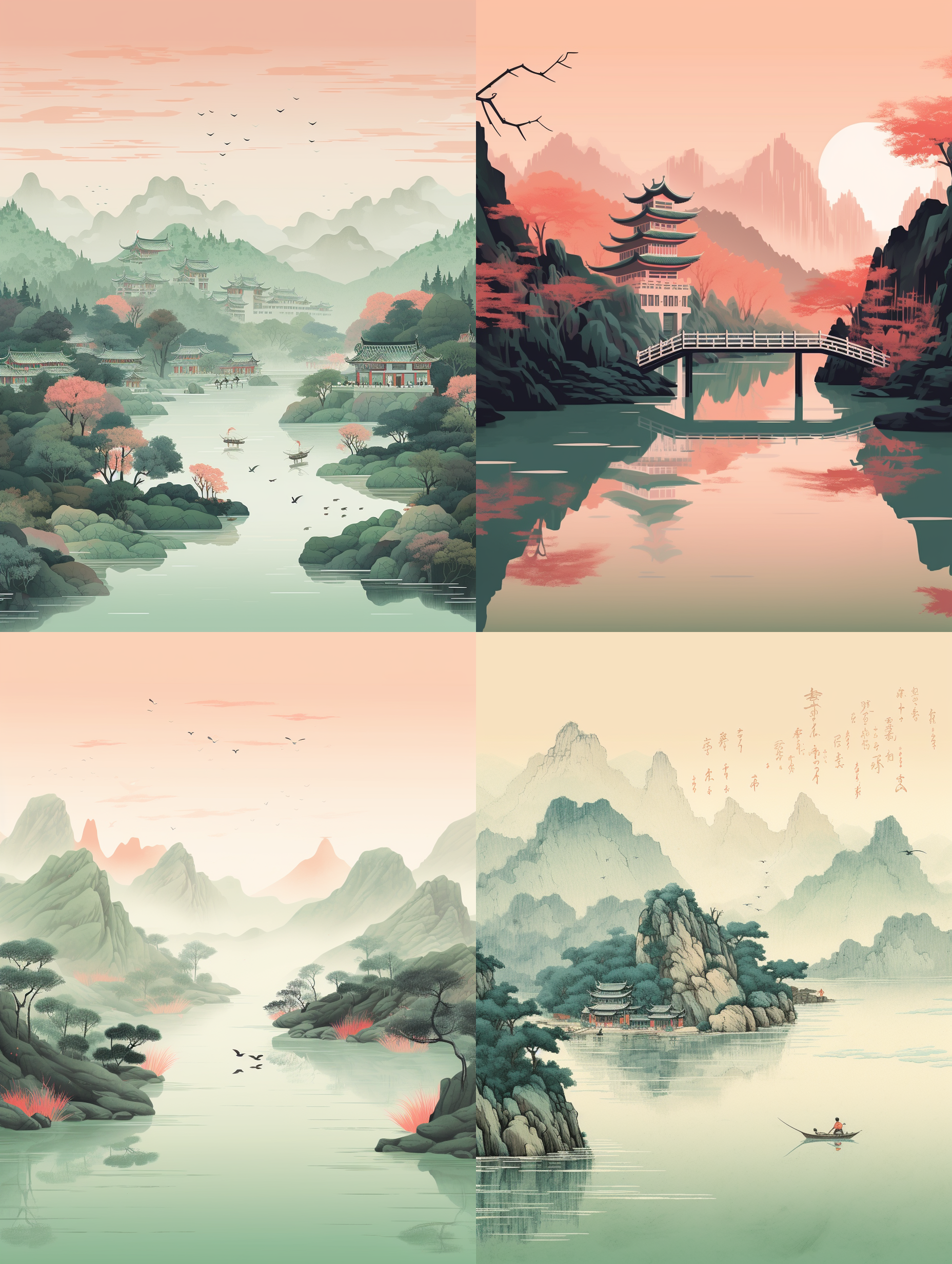 江南的插画，远山近水，有小桥流水人家，有留白。粉红嫩绿配色，新工笔画风格，线条细腻，国画，肌理磨砂质感，东方美学，简约风格，细节刻画，静态，优雅，细腻。
