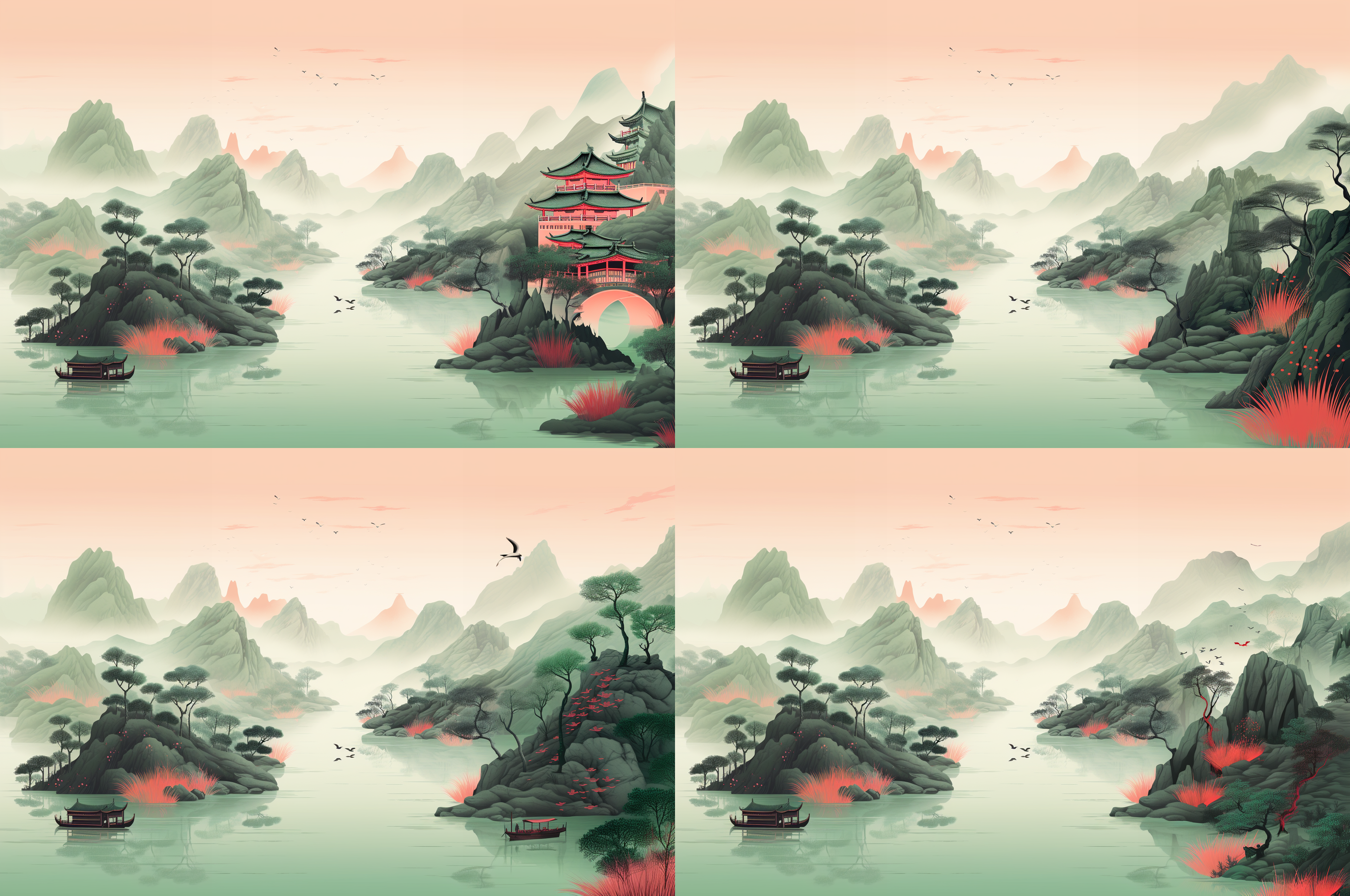 江南的插画，远山近水，有小桥流水人家，有留白。粉红嫩绿配色，新工笔画风格，线条细腻，国画，肌理磨砂质感，东方美学，简约风格，细节刻画，静态，优雅，细腻。