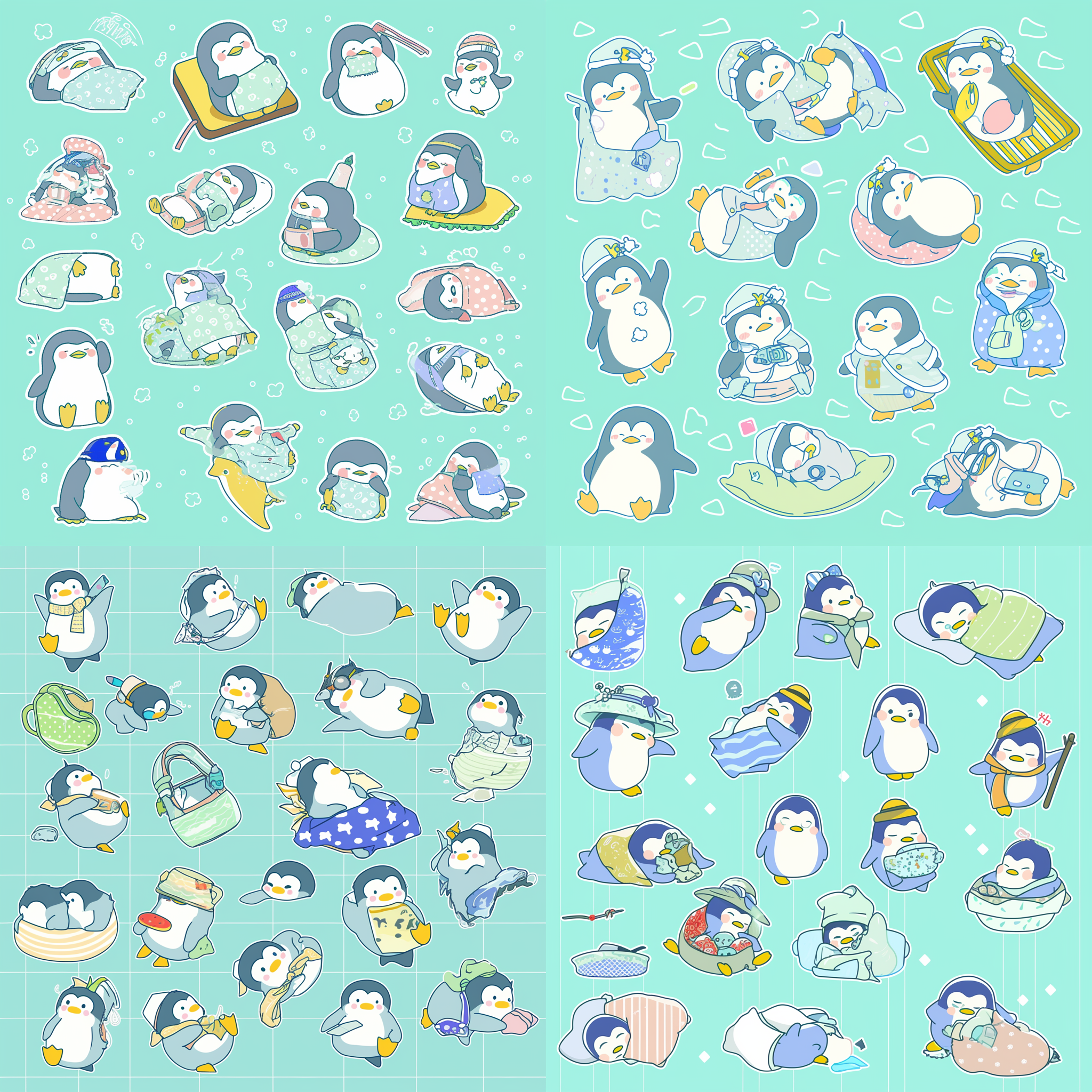 企鹅q版设计，圆形身体，漫画风格，高清画质，镜头特写，多个活泼动作表情，蓝色天空背景，天气晴朗，光线柔和，矢量平面，鲜艳色彩，轻松氛围，动态捕捉，表情丰富。 参考表