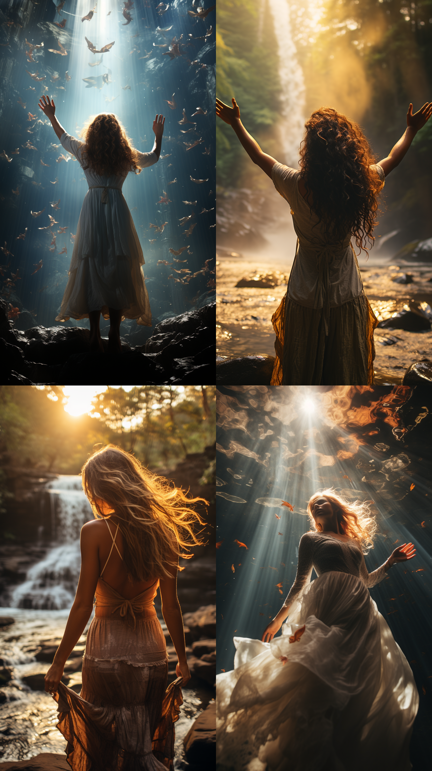 瀑布飞流直下，水花四溅，气势宏伟壮观，瀑布下白裙女孩站立，长发飘洒，逆光，闪光灯补光，颜色通透，低视角，广角镜头，8k高清晰画面，场面开阔，动态捕捉，自然光影，清新色调，静谧与力量并存。