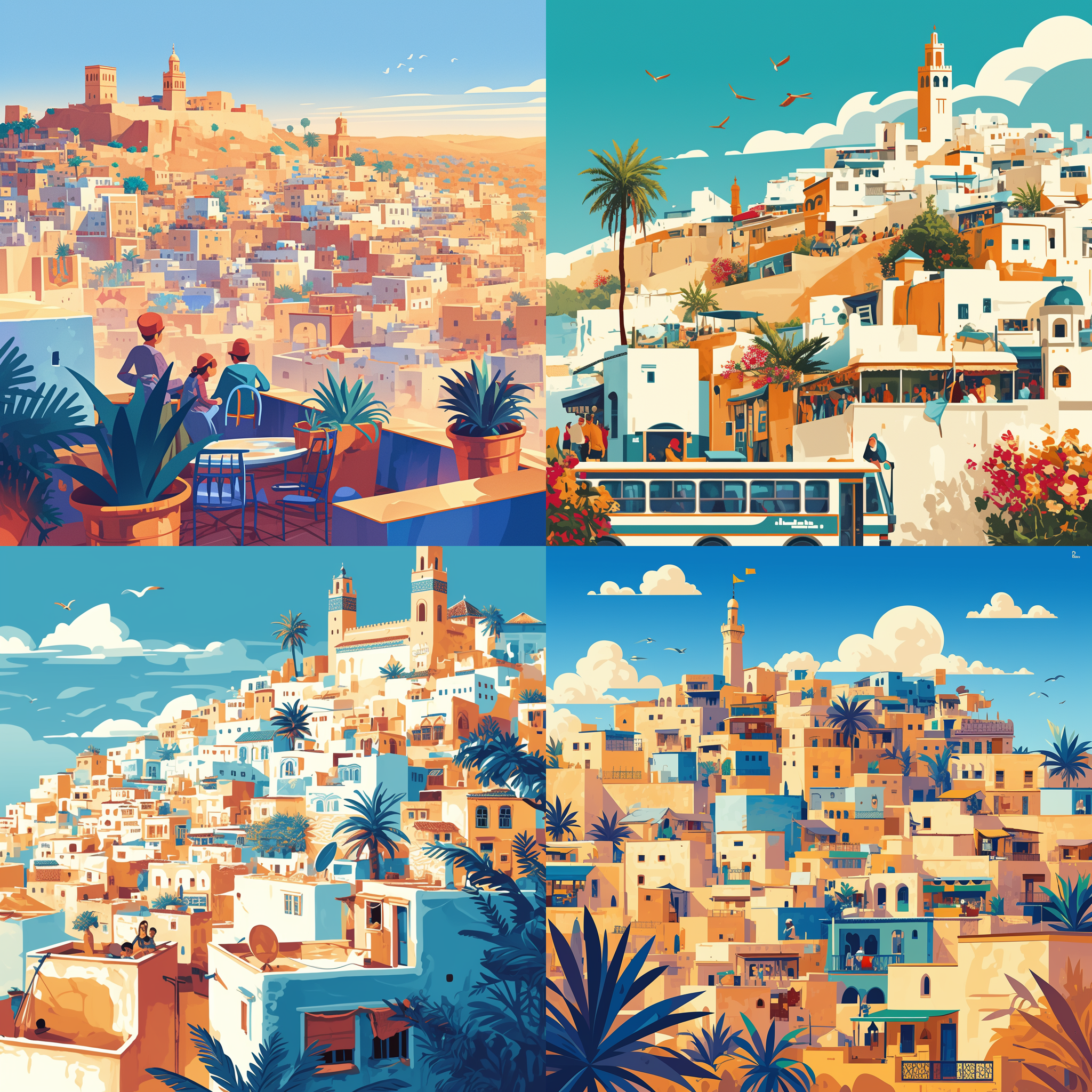 摩洛哥景观，标志性地标，繁华街道，文化符号，盛开鲜花，公交车，摩天大楼，孩子，调皮捣蛋者，街头小贩，信息图设计字体，卡通插图，高质量细节，浅色调，建筑细节，高分辨率，250风格，3:4比例，v6.0版本。