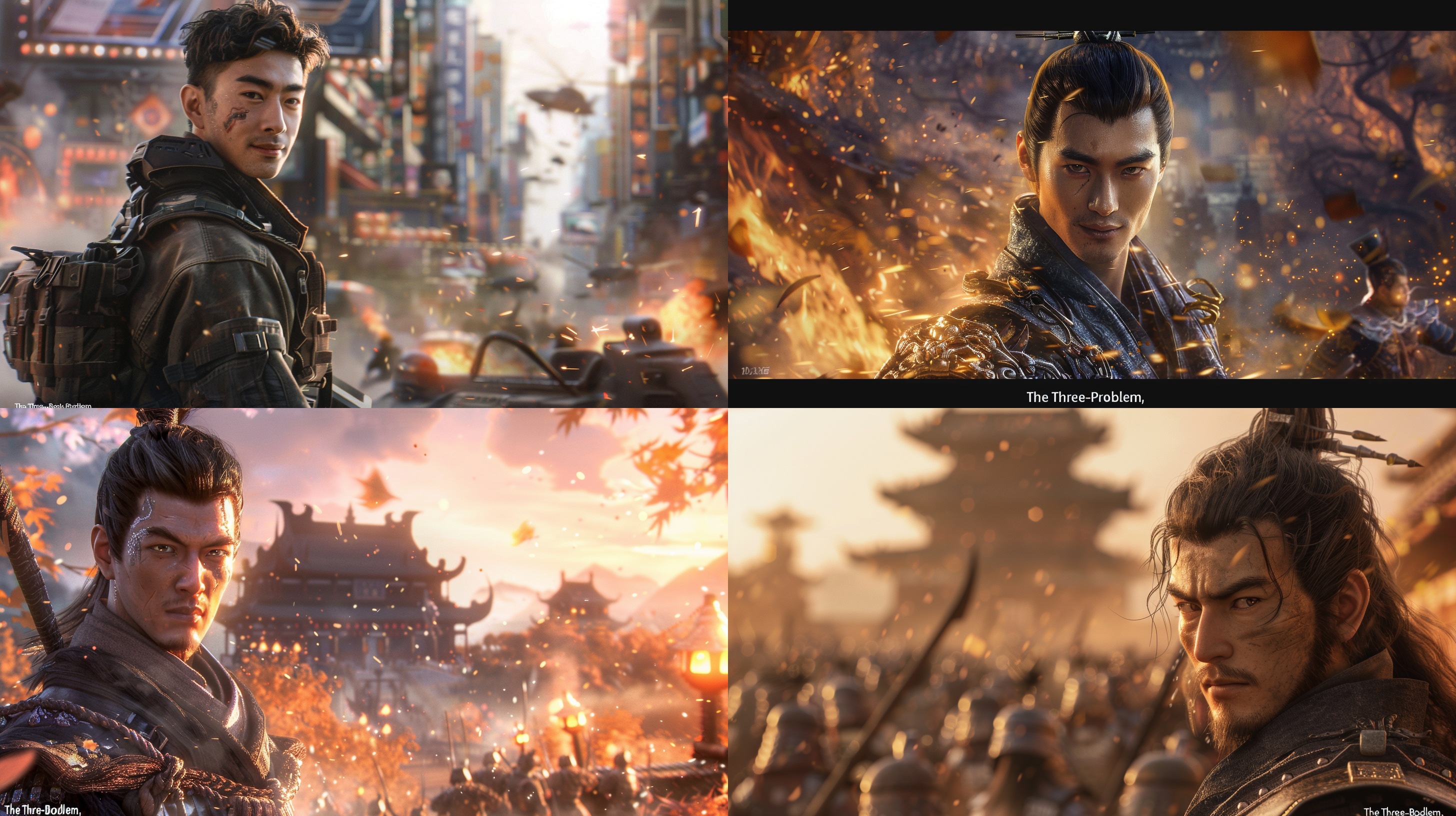 未来科技机械元素的中国，帅哥微笑，大场景，肤质细节真实，帅哥在战场，对称构图，柔和光线，暖色调，长焦镜头，静谧，优雅，细节丰富，传统元素，温馨，三体的元素，最高清质量。