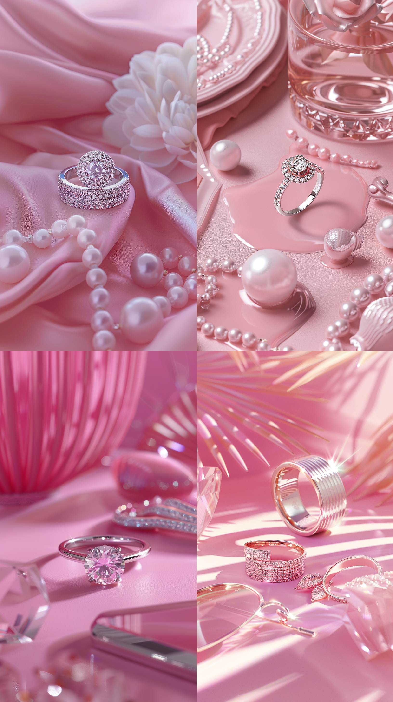 a realistic photograph of a white gold ring product, in a luxurious style, with a pink background, featuring accessories in matching pink tones