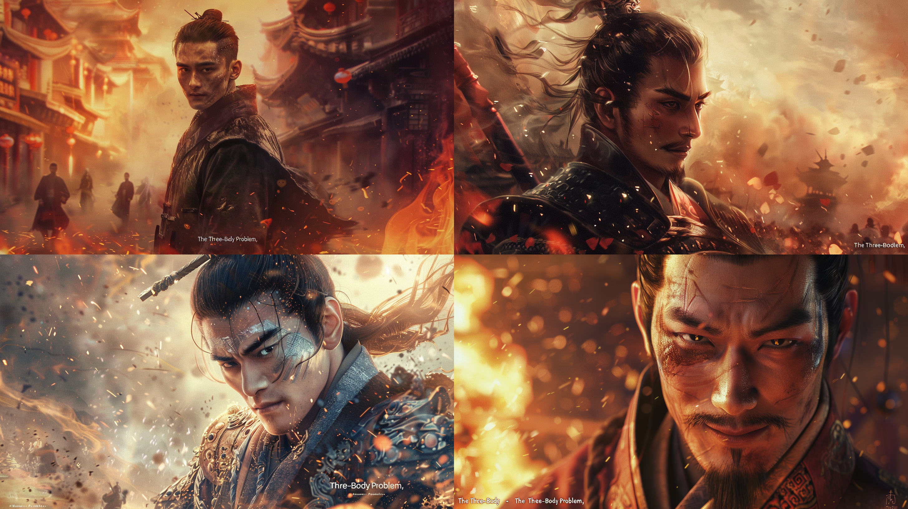 未来科技机械元素的中国，帅哥微笑，肤质细节真实，帅哥在战场，对称构图，柔和光线，暖色调，长焦镜头，静谧，优雅，细节丰富，传统元素，温馨，三体的元素，最高清质量。