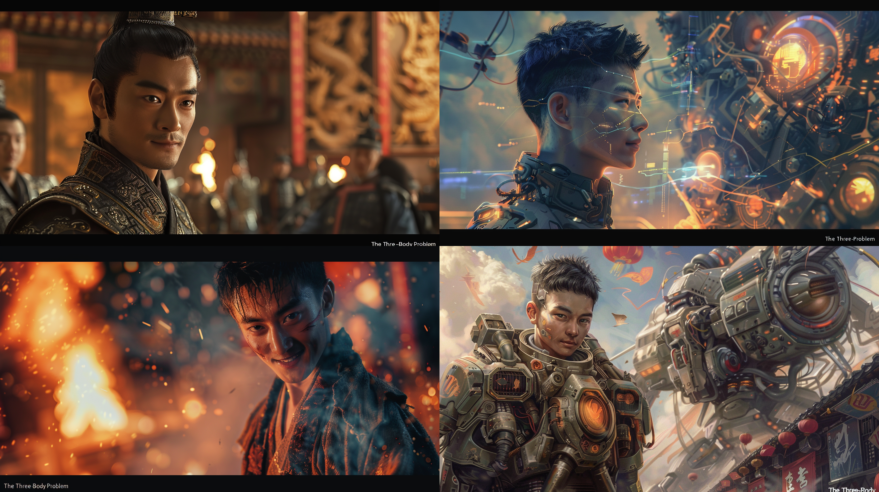 未来科技机械元素的中国，帅哥微笑，肤质细节真实，帅哥在战场，对称构图，柔和光线，暖色调，长焦镜头，静谧，优雅，细节丰富，传统元素，温馨，三体的元素最高清质量。