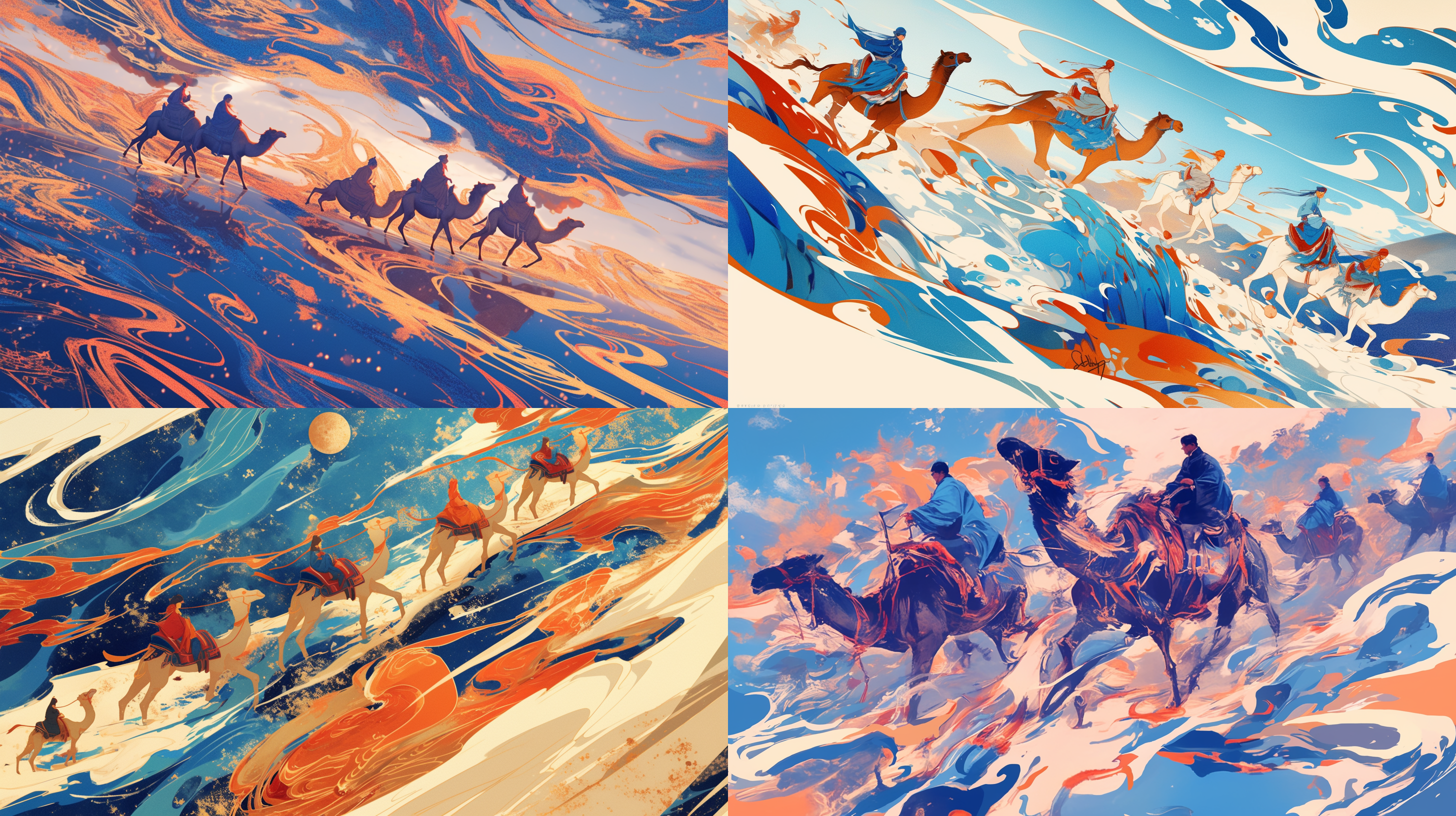 骆驼商队行走在抽象沙漠表面，旋转图案，蓝色调，敦煌艺术风格插图，中国红与靛蓝，白色橙色亮点背景，超现实氛围，数字绘画风格，色彩活力流动性，梦幻捕捉运动能量