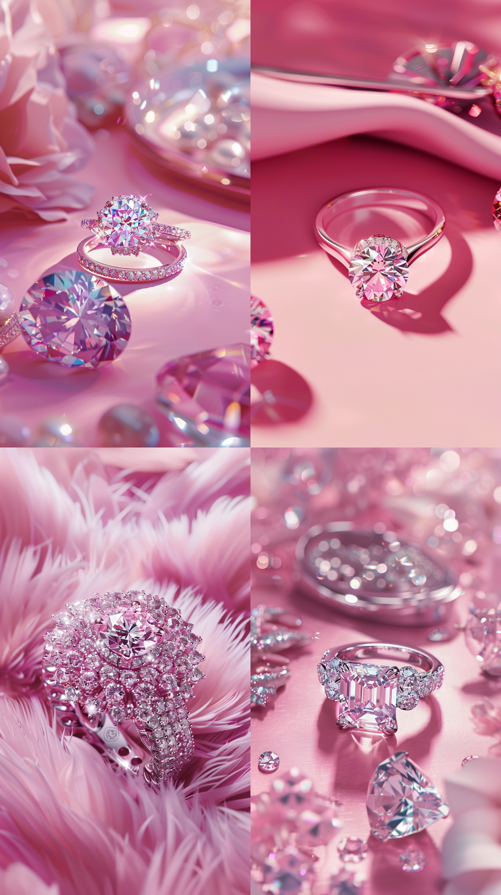 a realistic photograph of a diamond ring product, in a luxurious style, with a pink background, featuring accessories in matching pink tones