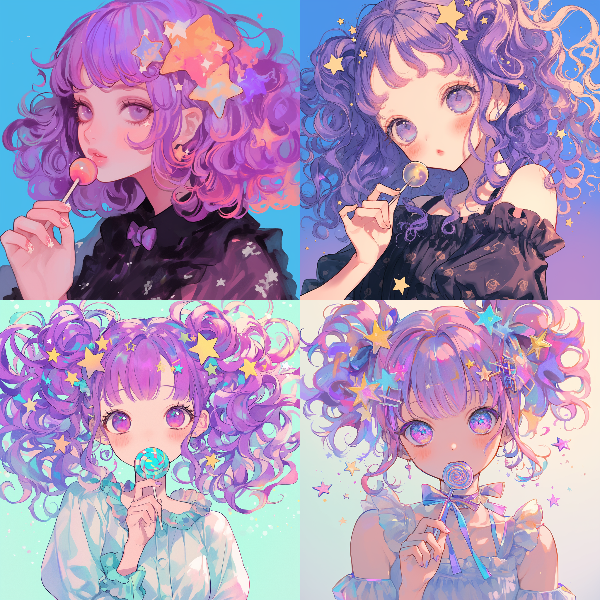 一位紫色头发的女生，深邃的眼睛，卷发，头上戴着星星发饰，手中拿着个棒棒糖，面相精致