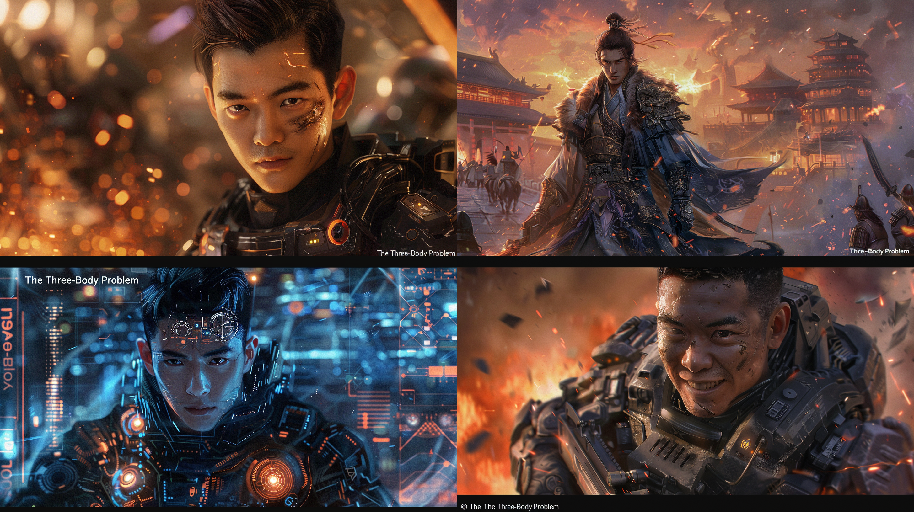 未来科技机械元素的中国，帅哥微笑，肤质细节真实，帅哥在战场，对称构图，柔和光线，暖色调，长焦镜头，静谧，优雅，细节丰富，传统元素，温馨，三体的元素最高清质量。