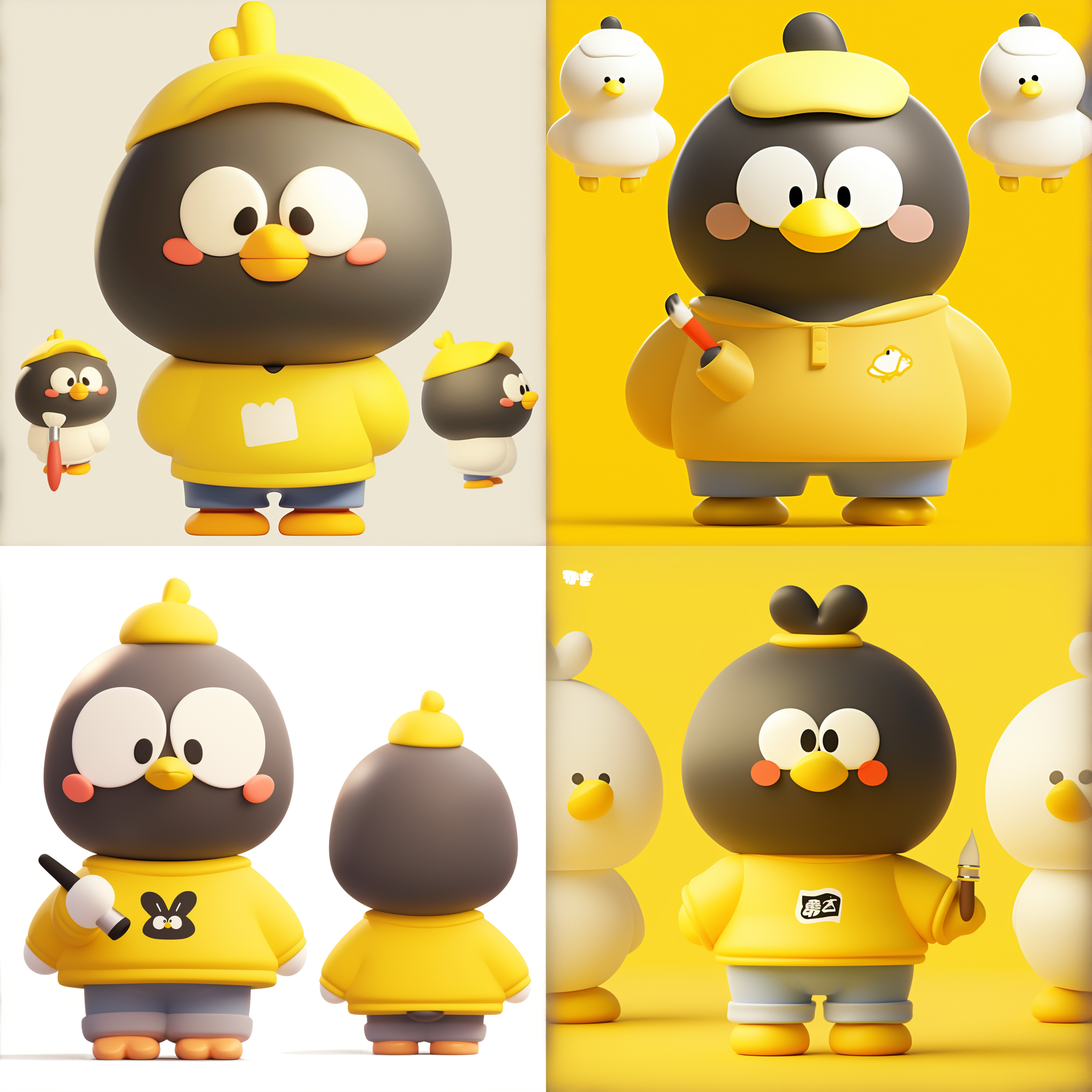 全身拍摄，超级可爱的白色鸽子，穿黄色卫衣蓝色裤子，拿画笔，简单3d模型，三视图绘制，正面、侧面、后视图，白色背景，搅拌机渲染，高分辨率，工作室照明，卡通风格，明亮色彩，专注表情。