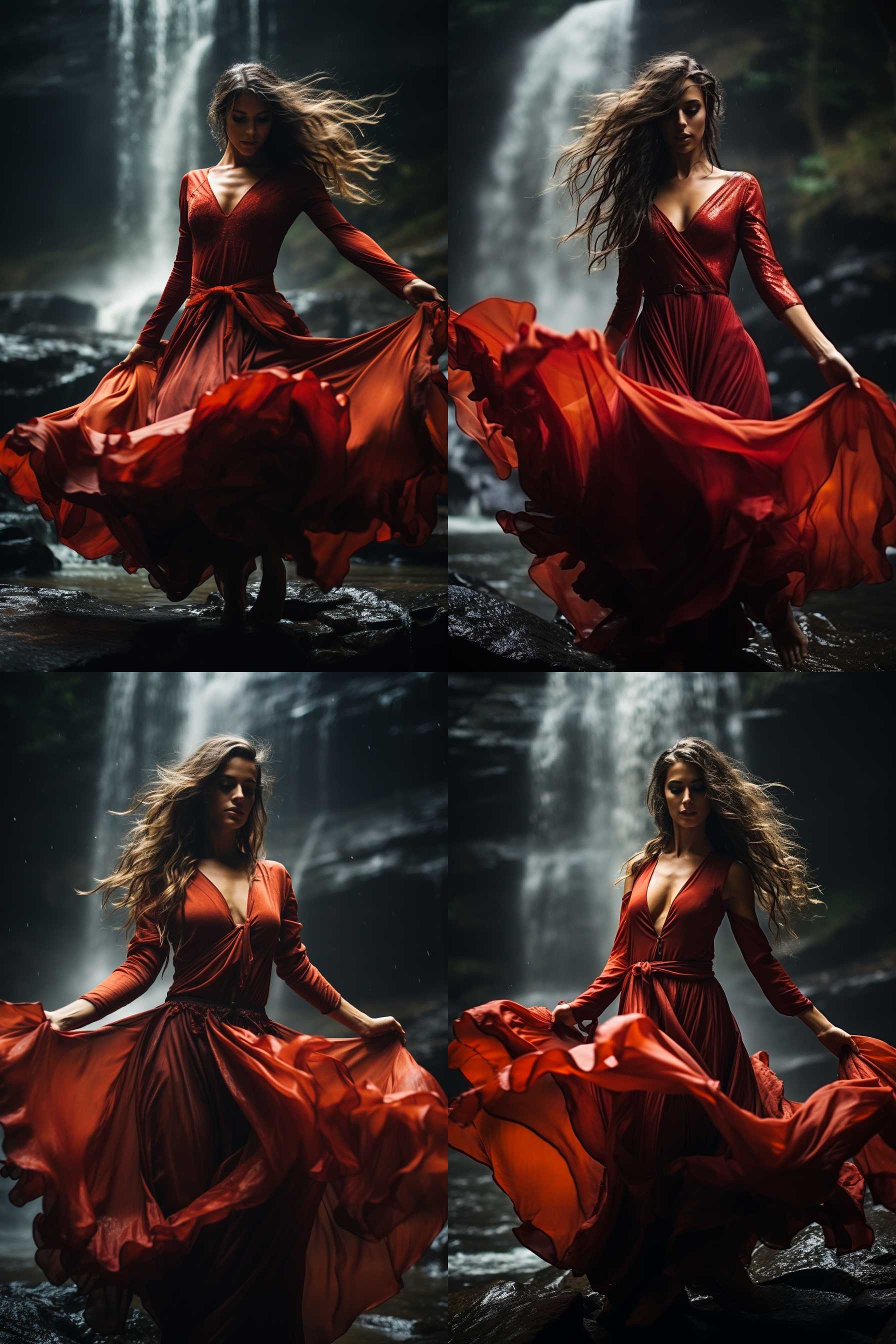 红衣女孩舞蹈，瀑布背景，水花四溅，气势壮观，正面光，颜色通透，低视角，长焦镜头，8k高清晰画面，动态捕捉，红色与水花对比，专注表情，动态模糊效果。