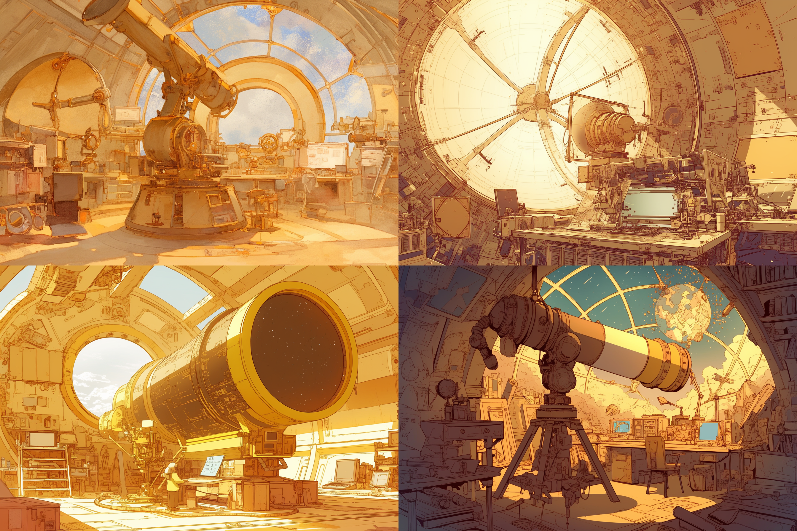 大型，天文台内部，羊皮纸质感，细节简单，暖色调，侧面，平面展示，漫画风格，手绘，柔和光线，复古，技术图纸，教育。