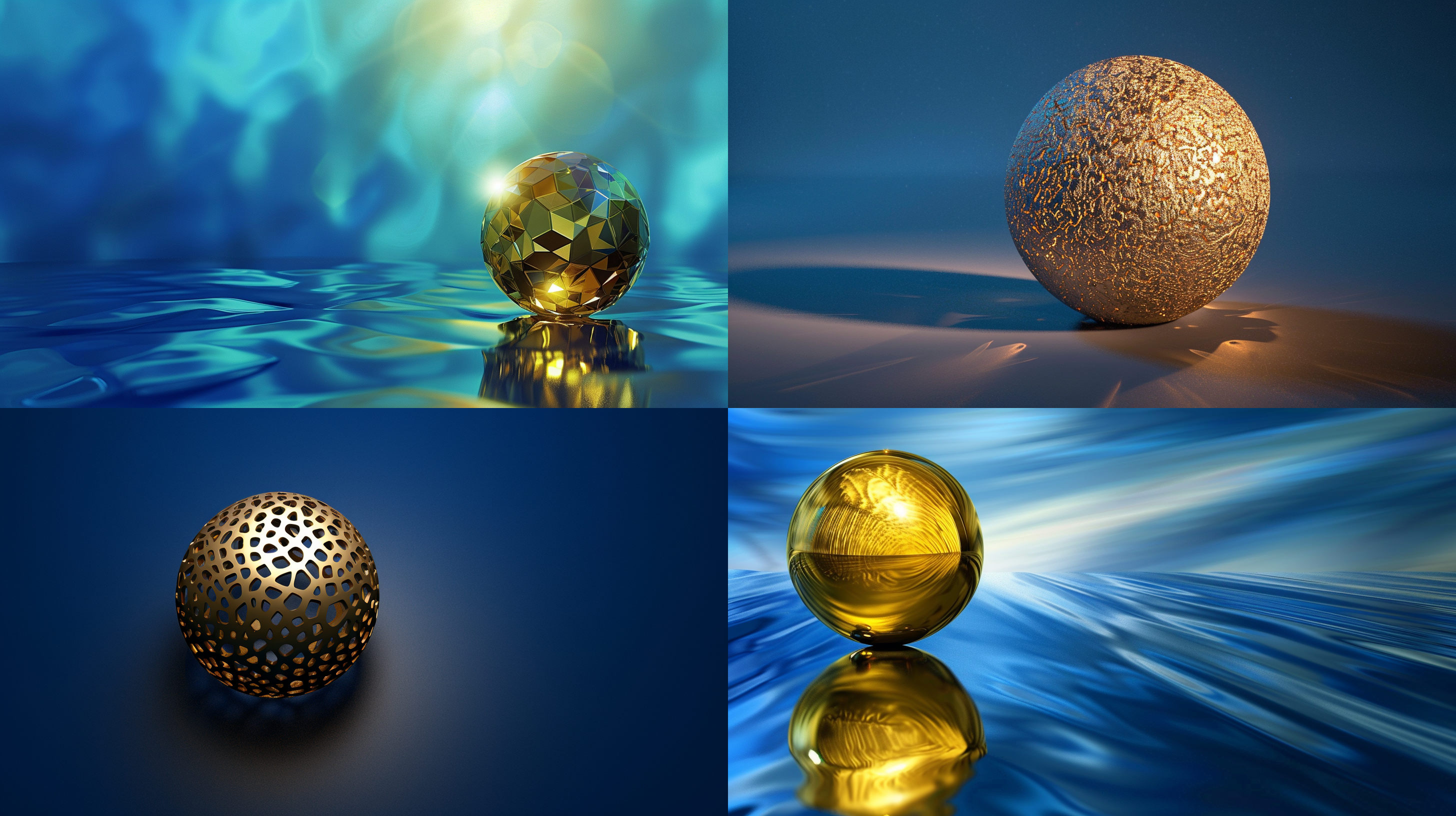 金色小球，深蓝色背景，金属质感，光影效果，细节丰富，平静与动感并存，视觉冲击力强。