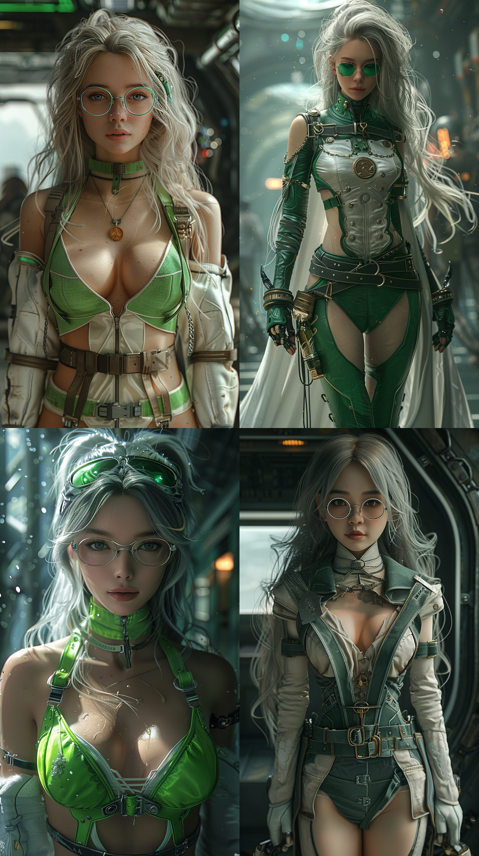 steampunk anime character, long gray hair, green and white attire, detailed leather straps and belt, glasses, realistic rendering, high contrast, focus on intricate details, fantasy cosplay, dark background, cyberpunk style, neon accents, futuristic elements, 8k