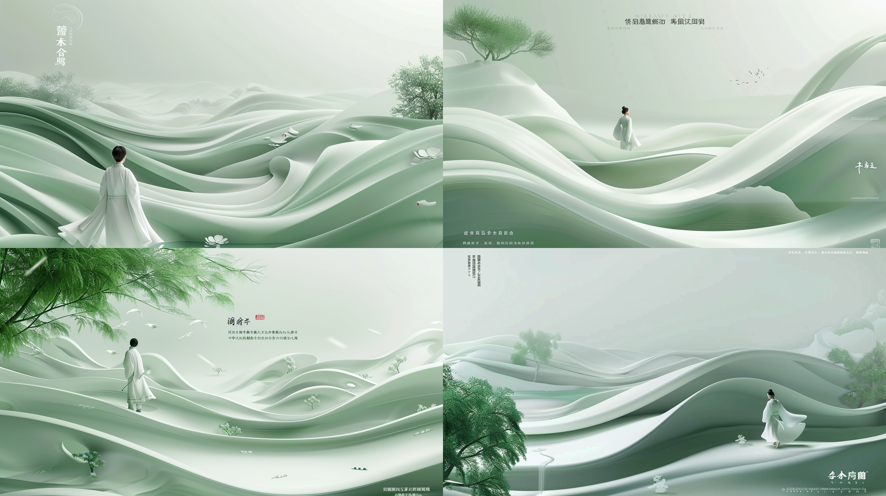 干净背景，大面积留白，沙质中式圆盘，汉服行走，宋代工笔山水画风格，cinema4d渲染，有机流动形式，浅绿白色调，地中海景观，波浪形树脂片材，柔和光线，低饱和度，静谧氛围，气势磅礴。