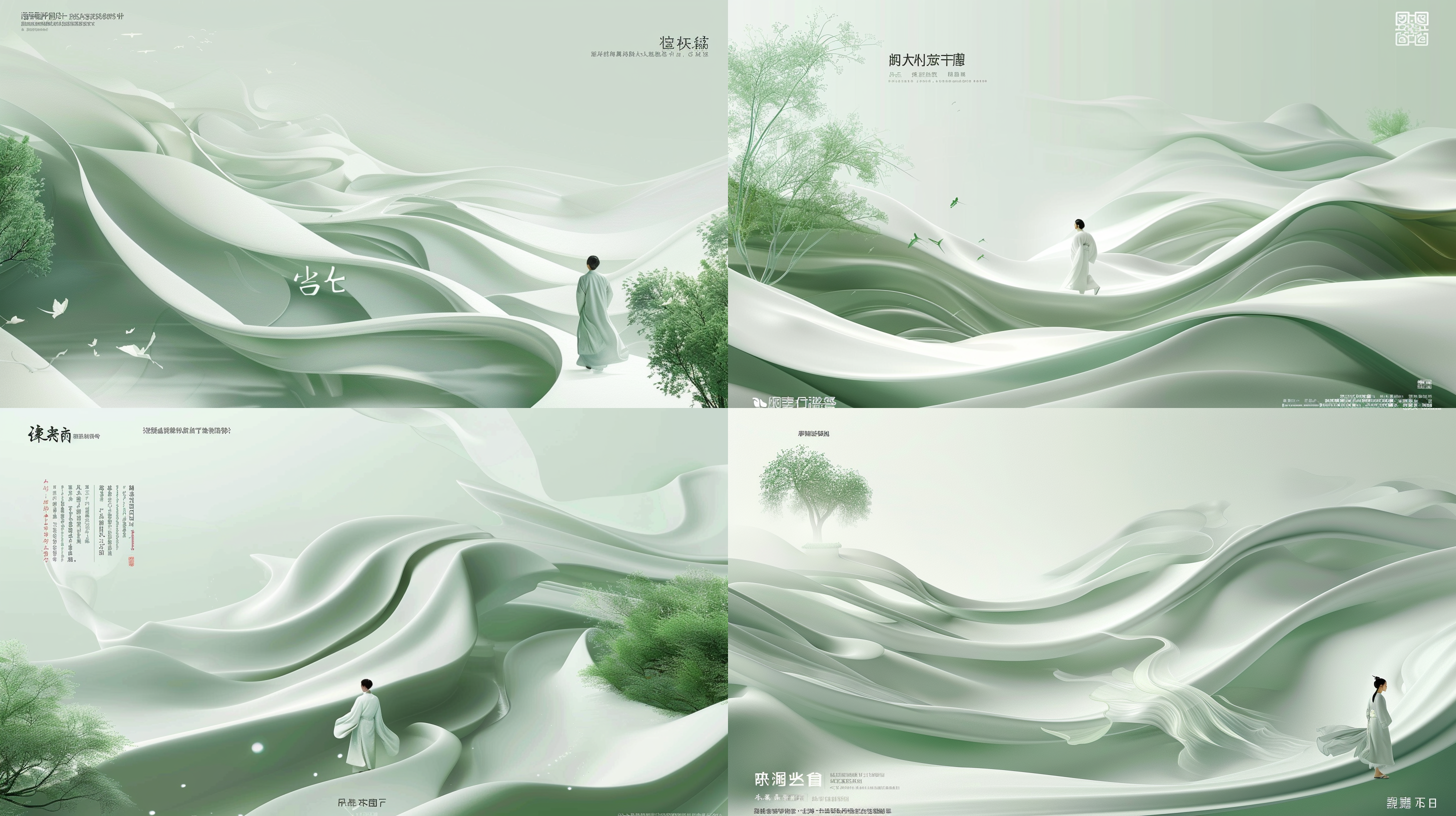 干净背景，大面积留白，沙质中式圆盘，汉服行走，宋代工笔山水画风格，cinema4d渲染，有机流动形式，浅绿白色调，地中海景观，波浪形树脂片材，柔和光线，低饱和度，静谧氛围，气势磅礴。