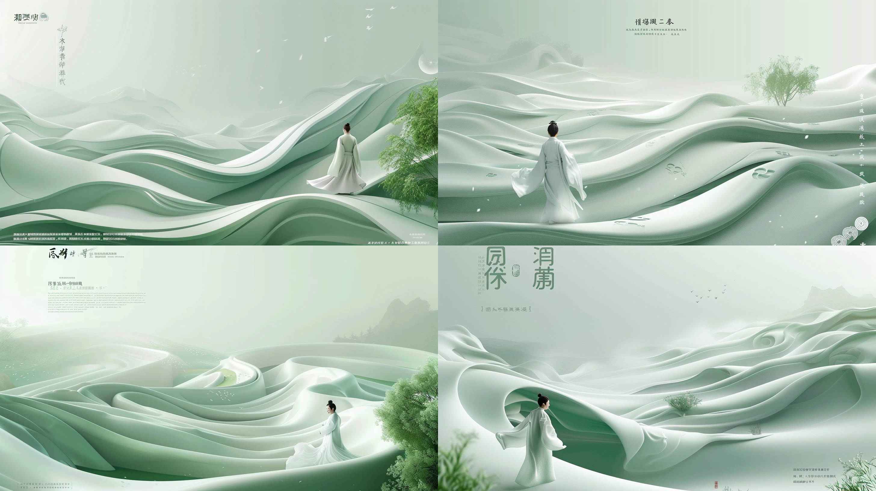 干净背景，大面积留白，沙质中式圆盘，汉服行走，宋代工笔山水画风格，cinema4d渲染，有机流动形式，浅绿白色调，地中海景观，波浪形树脂片材，柔和光线，低饱和度，静谧氛围，气势磅礴。