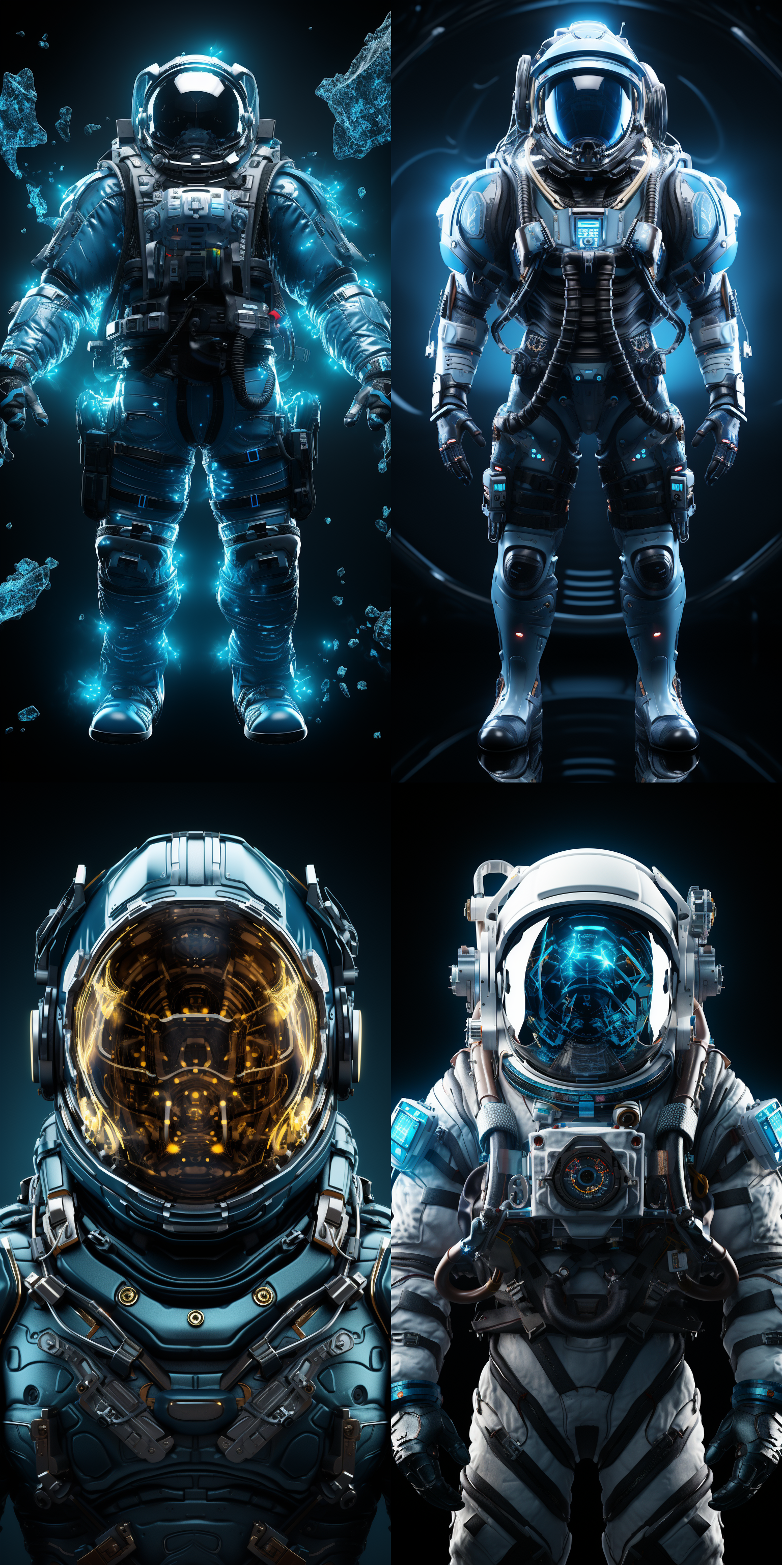 宇航服，浅蓝透明状，复杂细致逼真，线条流畅，漆黑背景，8k超高清，醒目深对比度，深景深，深阴影，深明暗对比效果，科技感，未来感，冷静，专注。