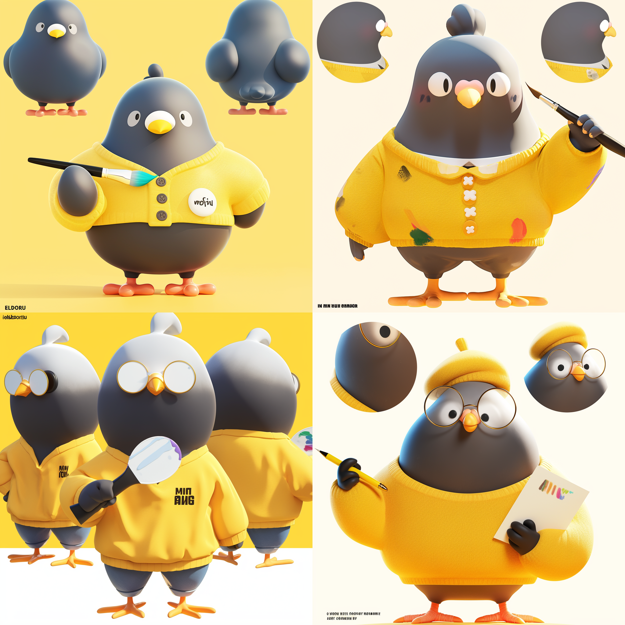 全身拍摄，白色鸽子穿黄色卫衣蓝色裤子，手持画笔，3d模型，三视图绘制，正面、侧面、后视图，白色背景，blender渲染，高分辨率，工作室照明，卡通风格，明亮色彩，专注表情。