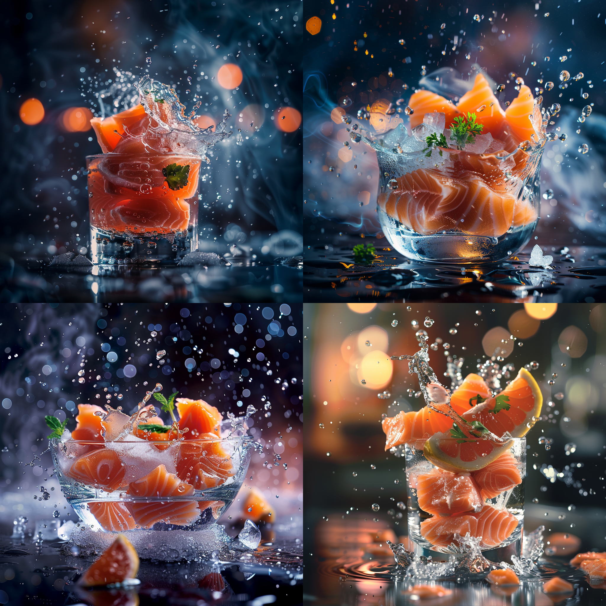 三文鱼，动感冰霜，炫酷氛围，清爽暖色调，高对比度，正面布局，微距镜头，透明玻璃杯装满鱼肉，冰块飞溅，水珠滴落，清新活力，大光圈，炫彩光斑背景，景深烟雾缭绕。
