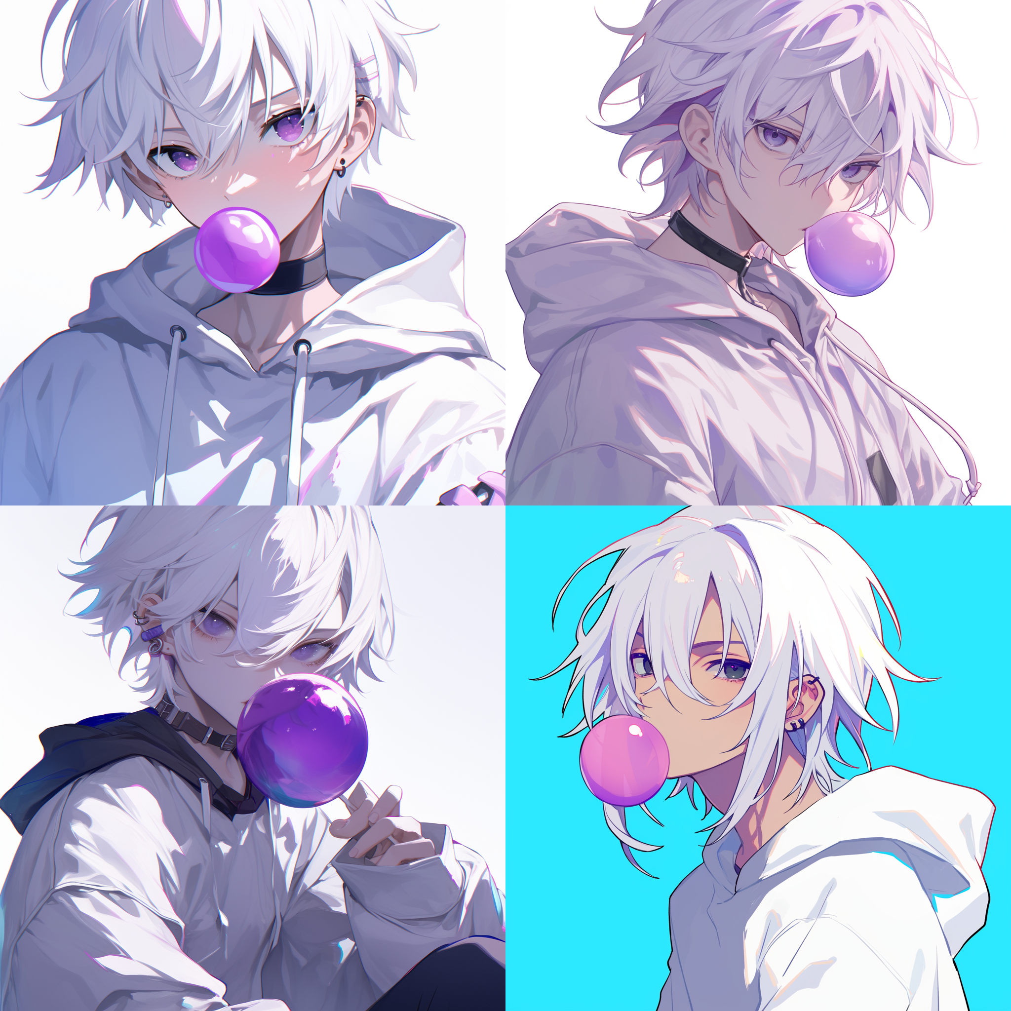 奶白色的头发，是黑色的眼睛，流露出一种威胁感，穿着白色卫衣，嘴中吐着紫色泡泡糖