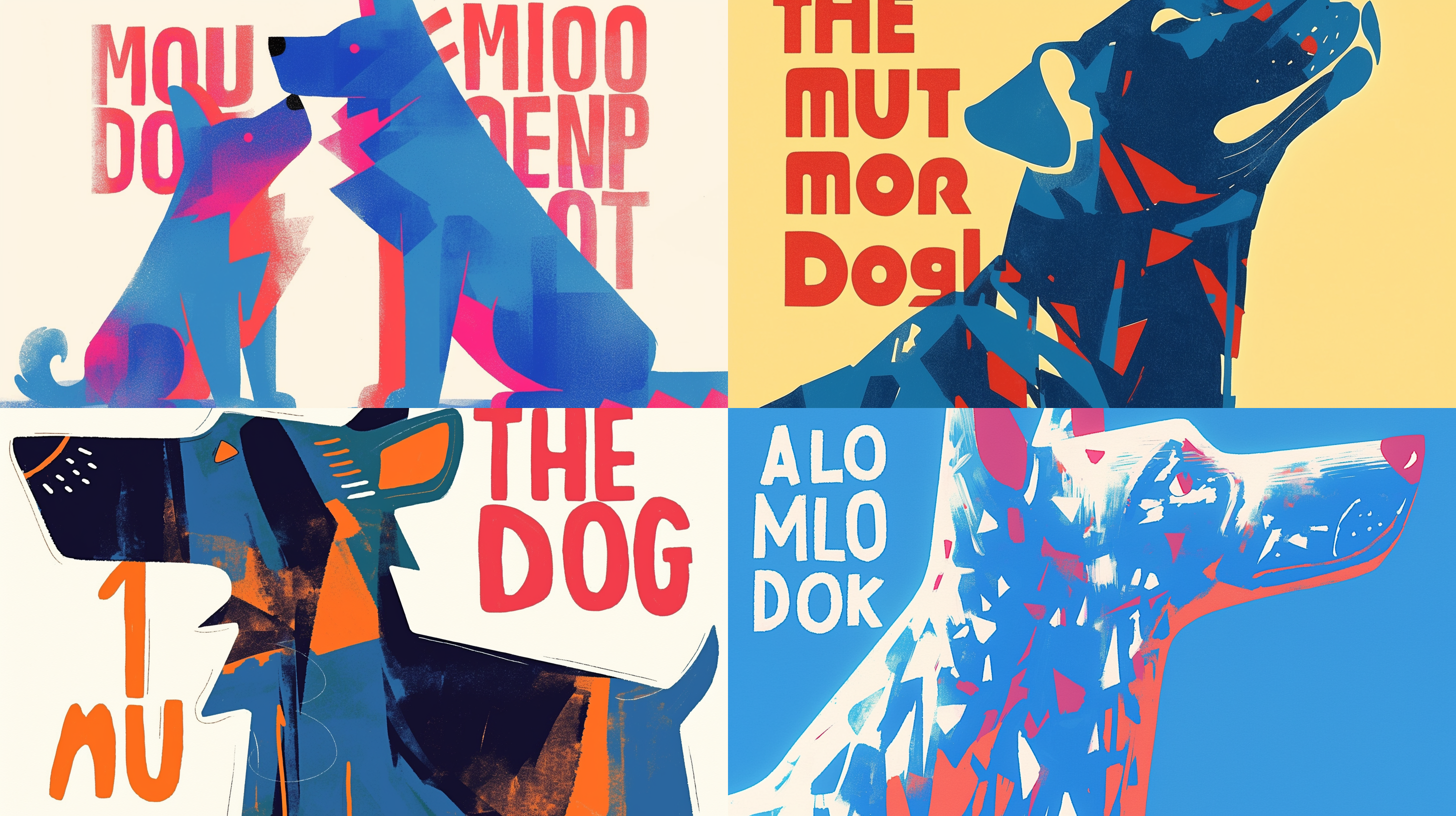 几何狗狗，极简主义风格，平面设计，几何图形构成，抽象艺术，单色背景，简洁线条，明快色彩，静态，专注，现代感。