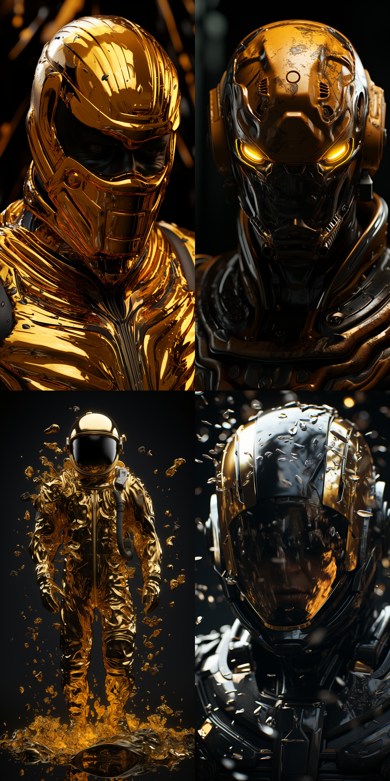 完美半透明胶状纹理，金色宇航员细节逼真，漆黑背景，8k超高清，深对比度，深景深，深阴影，深明暗对比，科幻风格，未来感，金属光泽，神秘氛围。