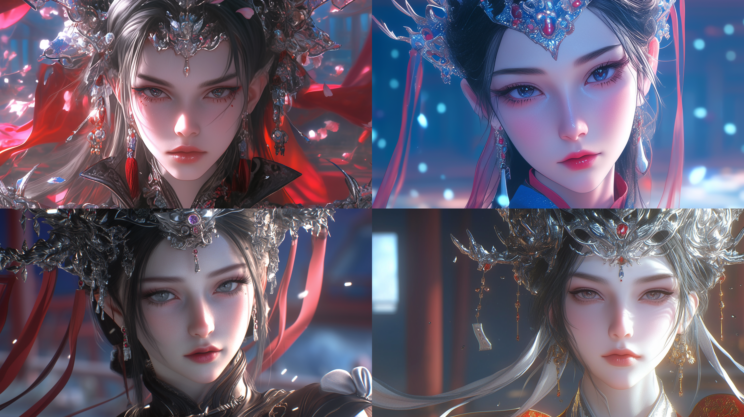 中国少数民族女孩，有着闪亮的黑发，精致的五官，穿着精致的苗族传统服饰，戴着镶嵌着红宝石和绿宝石的华丽银色王冠，精致的面部特征，中式庭院，未来主义，远景，复杂细节，逼真，全景，辛烷值渲染，逼真的皮肤纹理与地下反射，电影照明，超高清，高细节，逼真的风格，柔和的阴影，干净清晰的焦点，电影摄影，全景视图，32k。