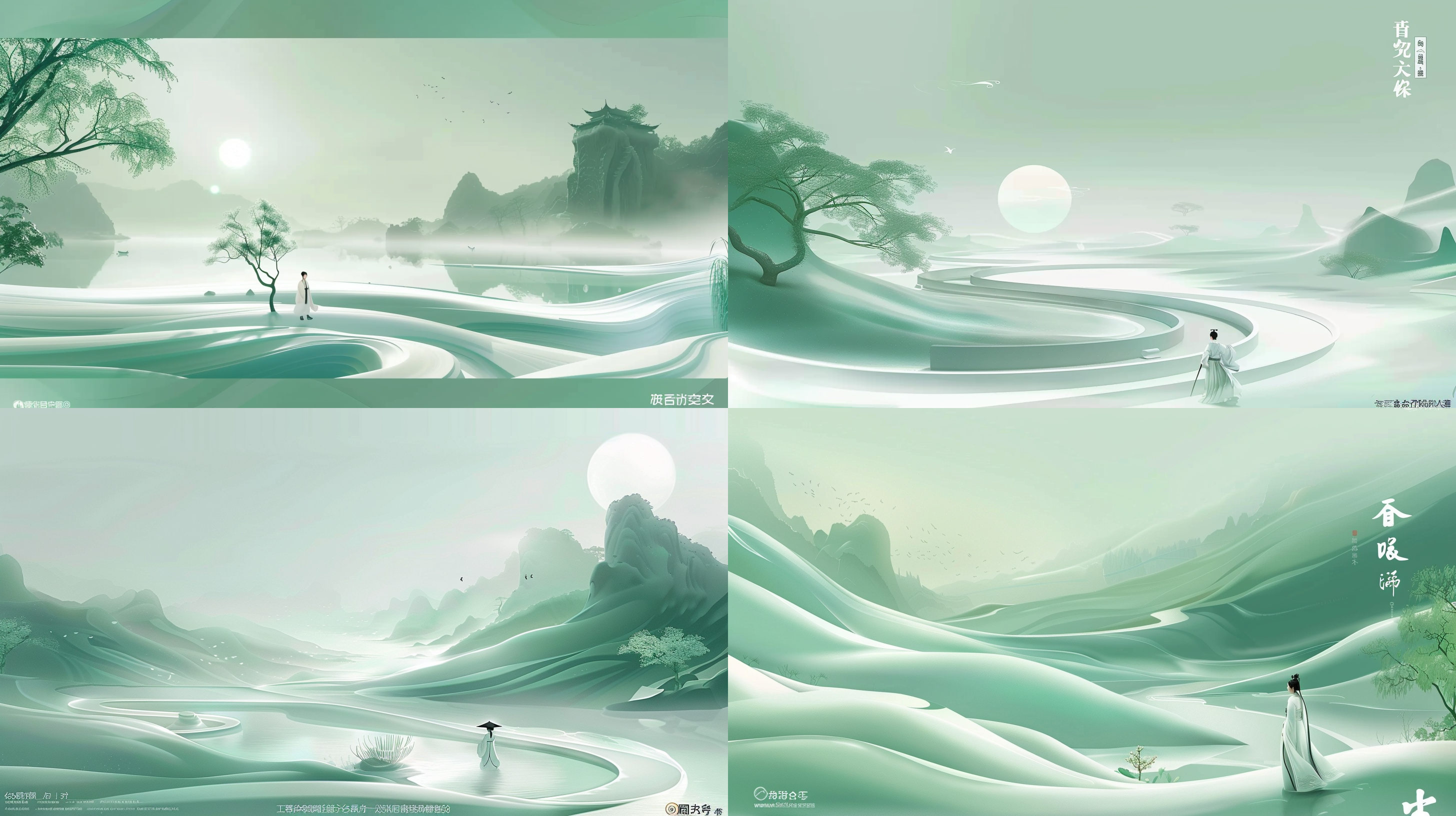 干净背景，大面积留白，沙质中式圆盘，汉服行走，宋代工笔山水画风格，cinema4d渲染，有机流动形式，浅绿白色调，地中海景观，气势磅礴，长焦镜头，柔和侧光，静谧，优雅。