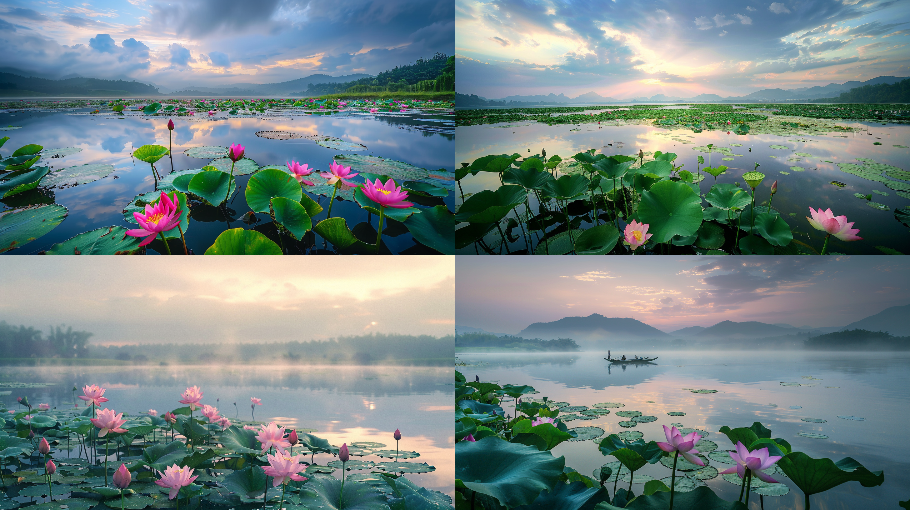 山水，湖泊，荷花，清晨，雨后，宁静舒适，天空湖泊倒影，晨光照射，和谐色调，静态，平衡，远景，真是风景拍摄，唯美意境，高清画质