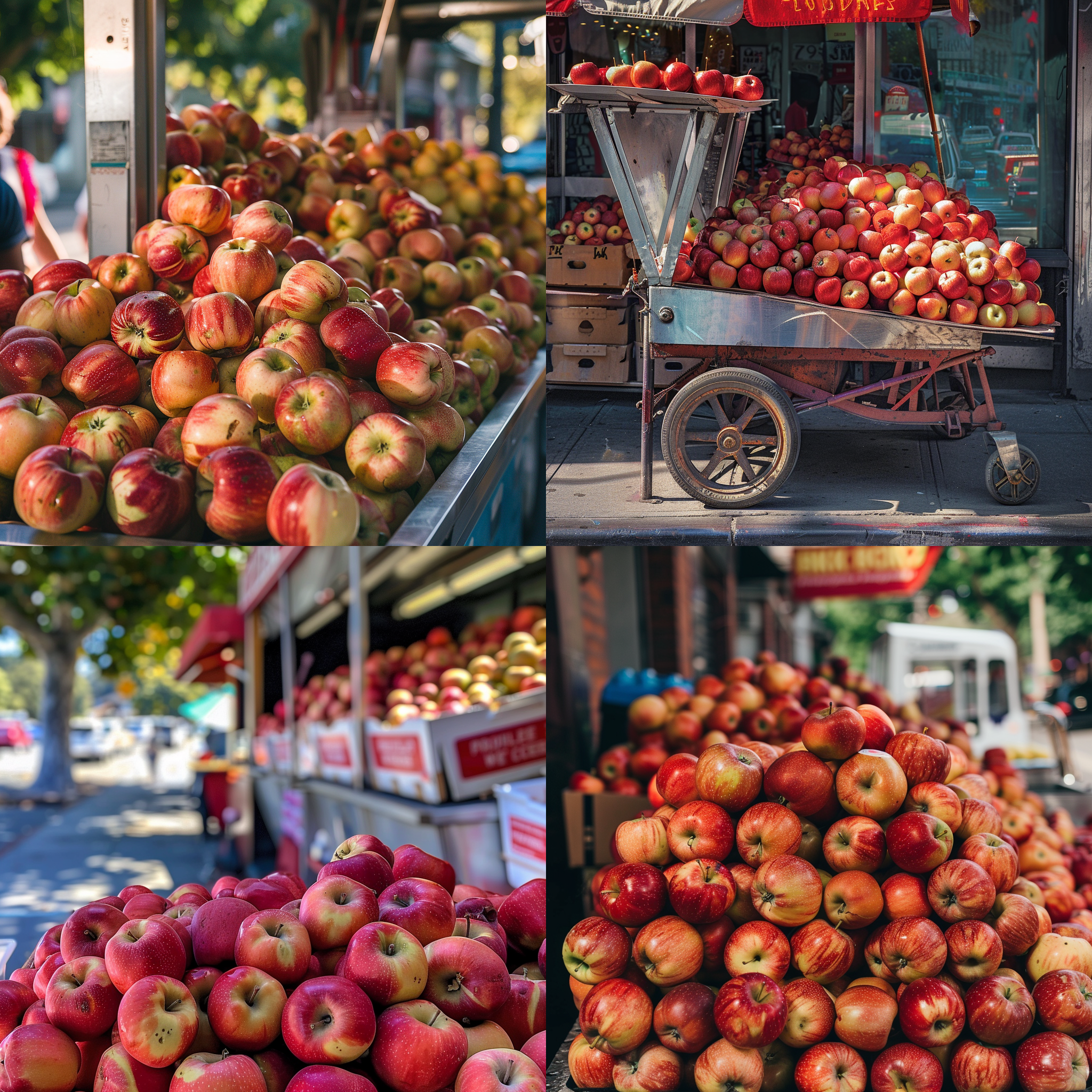 冰淇淋车旁，苹果堆成小山，鲜艳诱人，夏日街头，清新风格，自然光，微距镜头，细节丰富，色彩饱和，欢快，满足。