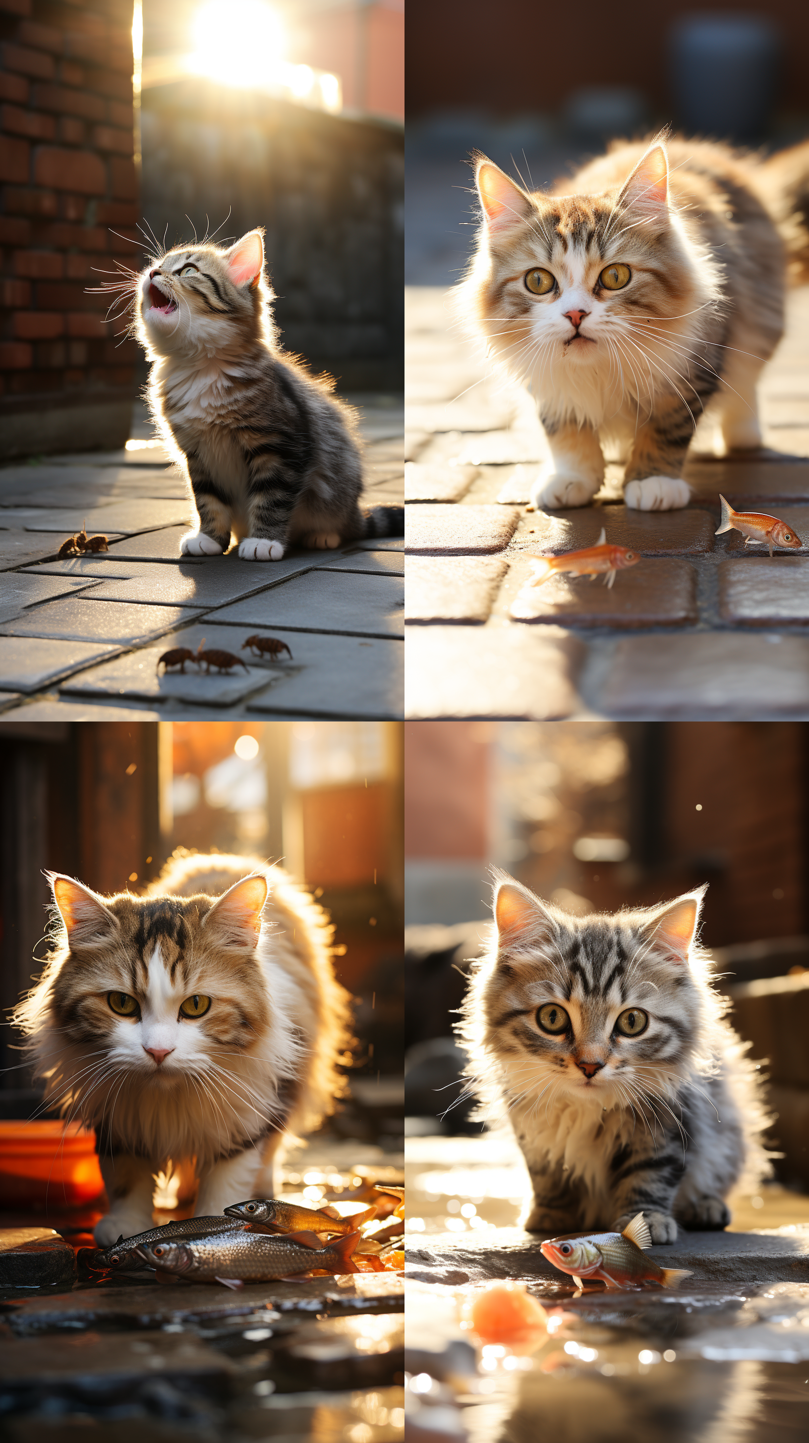 关键词: 狸花猫庭院中，嘴里衔着鱼，锐利目光直视前方，柔和阳光洒落，超高清画质，自然光，浅景深，静态动作，专注表情，温暖色调，细腻纹理。极简主义 超现实主义 尺寸2048*2048