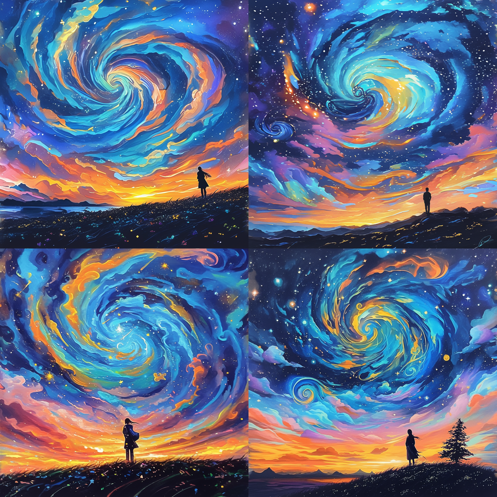 梦幻星空的旅行者，仰望绚烂银河，背景为鲜艳的梦幻艺术风格，时间流逝主题，表达人与宇宙的连接，宁静广阔的风景，受reuben tam启发，展现对智慧的热爱，星云旋涡，旅行者凝视夕阳，emma andijewska风格，充满魔幻梦境，instagram风格，漫游者，星空璀璨。关键词：梦幻艺术，银河，鲜艳，时间流逝，连接性，宁静广阔，reuben tam启发，智慧之爱，星云旋涡，夕阳，emma andijewska，魔幻梦境，instagram，漫游者，星空璀璨。