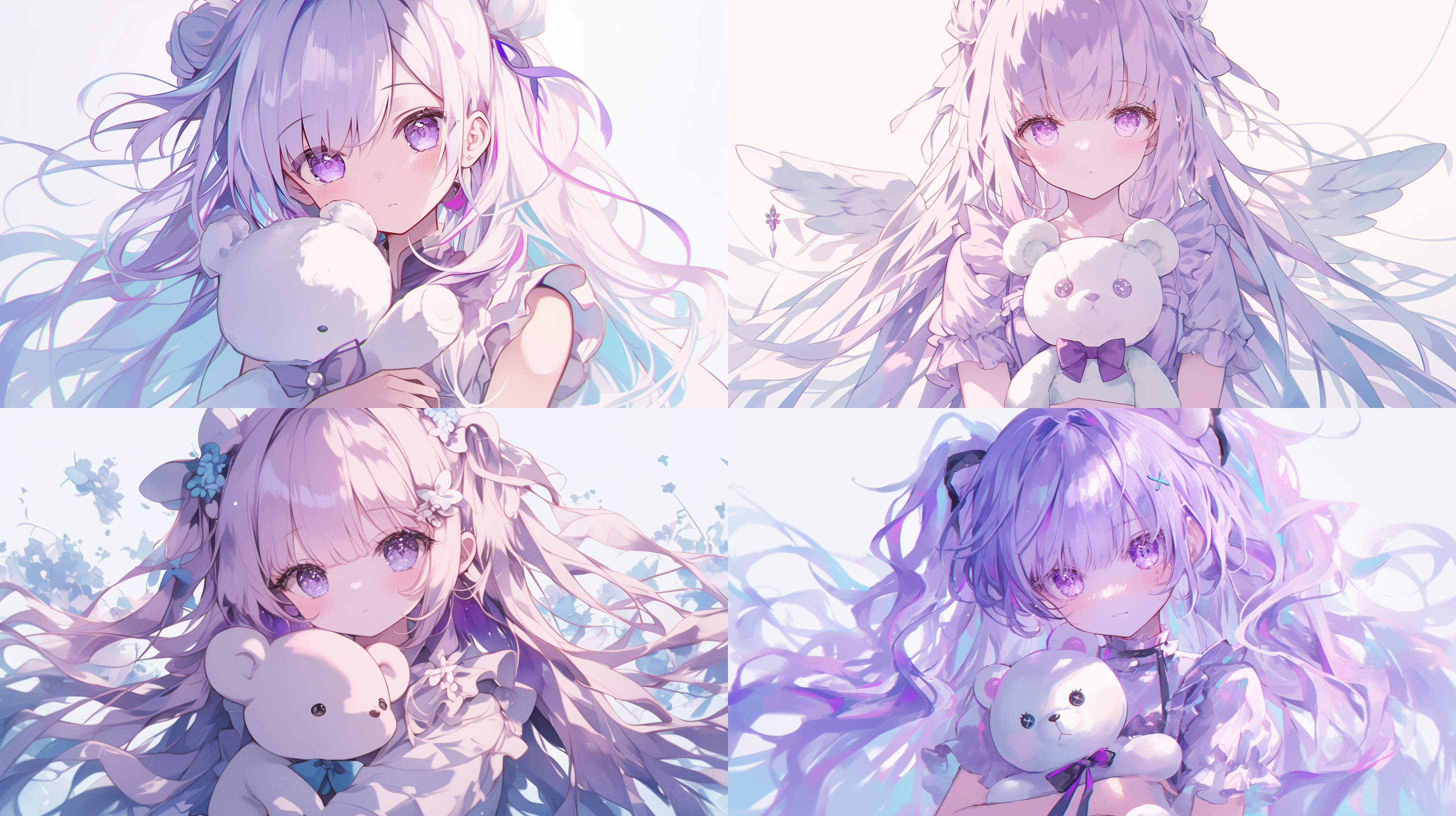 淡紫色的长卷发，手中抱着只白色小熊玩偶，紫色深邃的眼睛，紫色蛋糕裙，女生