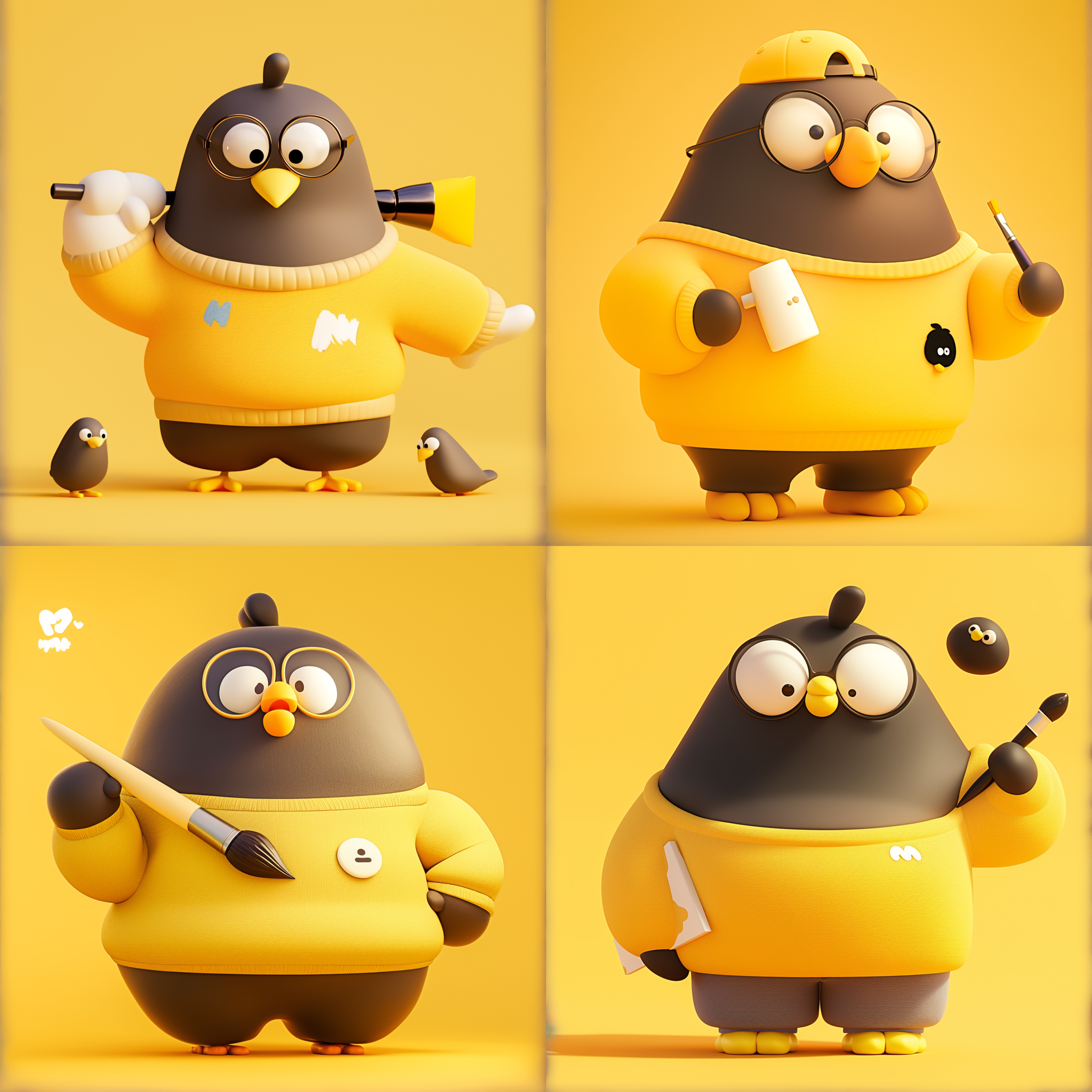 全身拍摄，超级可爱鸽子，黄色卫衣蓝色裤子，手持画笔，简单3d模型，正面视图，白色背景，blender渲染，高分辨率，工作室照明，卡通风格，明亮色彩，专注表情。