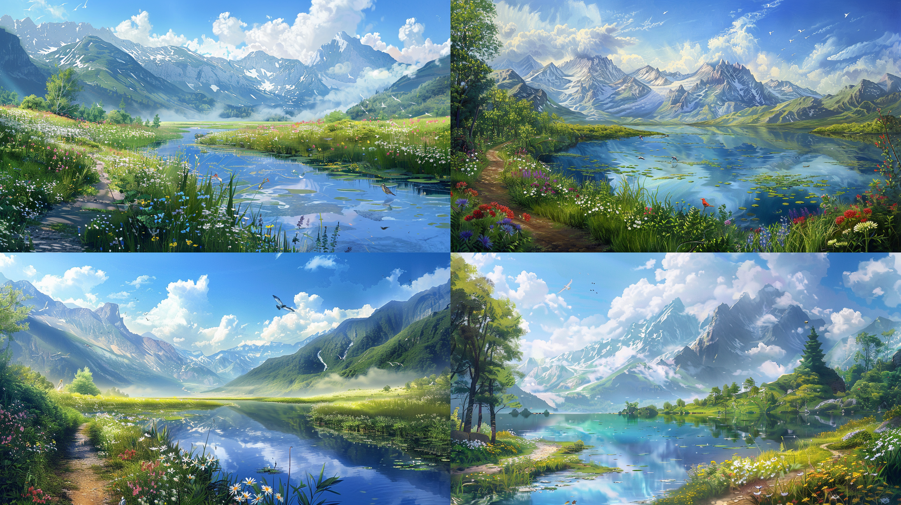 治愈系风景，小路蜿蜒，山水相映，花鸟点缀，远景长焦，蓝天白云，柔和光线，自然色彩，宁静，宽阔视野，低饱和度，平静。