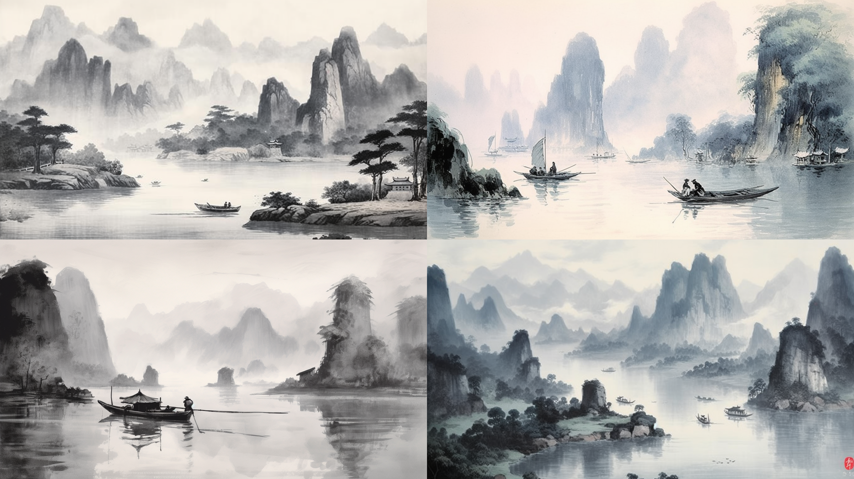 the translation of the provided text into english is:"guilin's mountains and rivers, shrouded in mist and clouds, the bamboo with its tail-like leaves, a small path by the lake, stone steps, a spacious surface of water, a small boat, in the style of chinese ink wash painting, expressive, in black, white, and gray tones, with light green washes, rich in layers, high-definition, with a blank background, detailed, rich in tranquility, meticulously depicted, possessing a primitive beauty.,,in clothes
