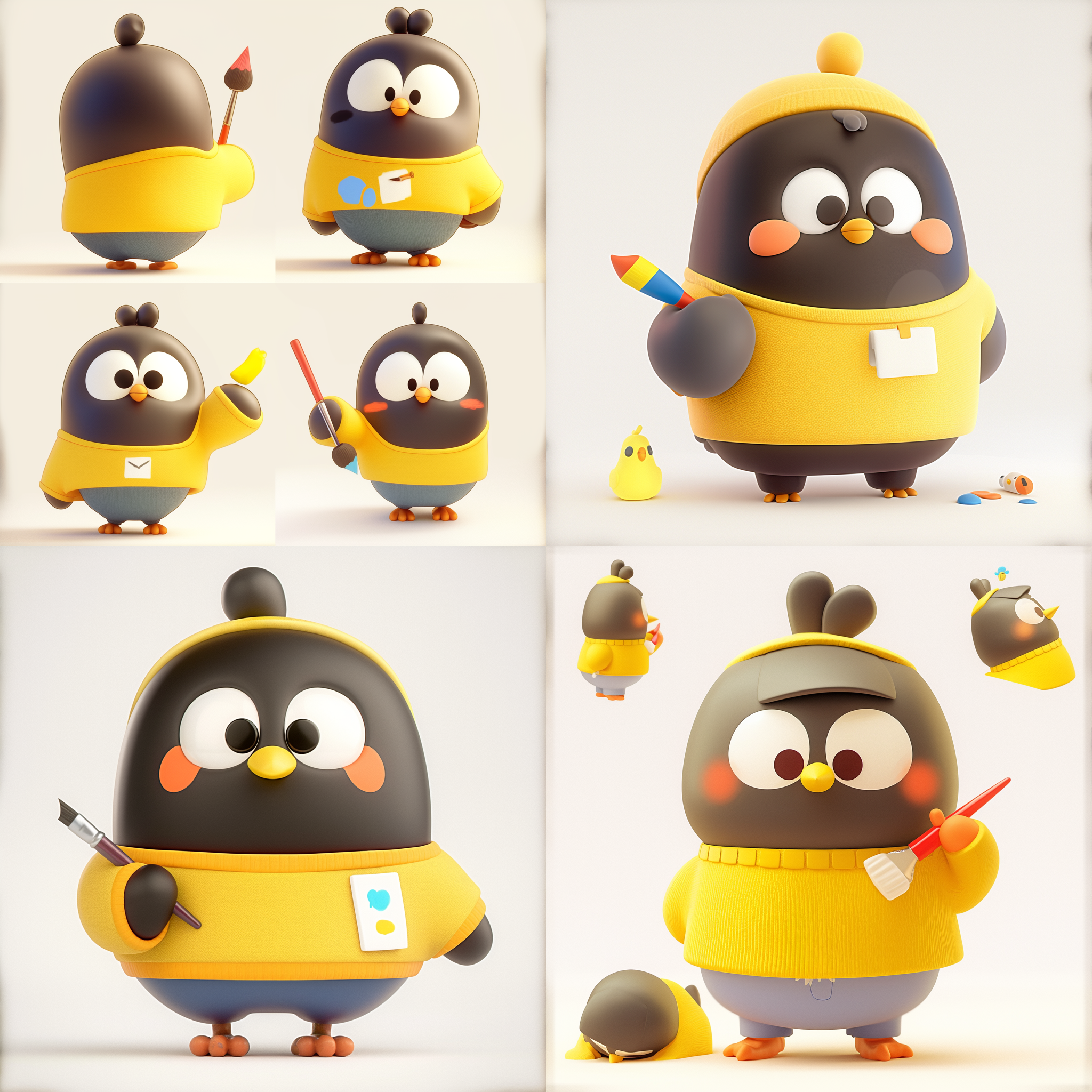 全身拍摄，超级可爱的艺术家鸽子，黄色卫衣蓝色裤子，手持画笔，简单3d模型，正面视图，白色背景，blender渲染，高分辨率，工作室照明，卡通风格，明亮色彩，专注表情。