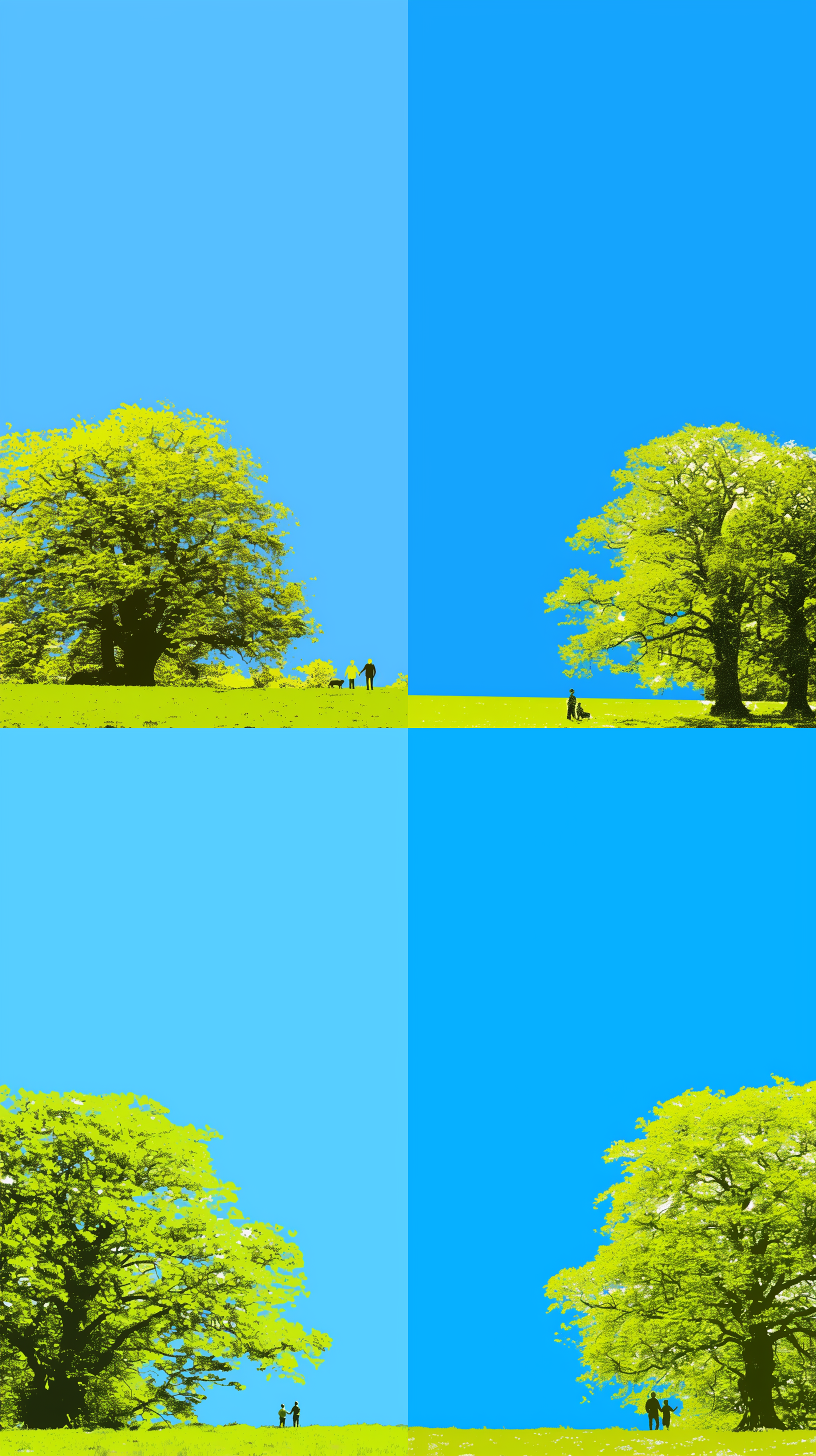 野外家庭亲子活动，一家三口和狗，绿色草地，蓝色天空，晴朗天气，柔和光线，平面插画风格，硫磺纸质感，公益海报，矢量平面插画，细腻线条，鲜艳色彩，轻松氛围，广角镜头，自然光，动态捕捉，快乐表情。 三分法构图