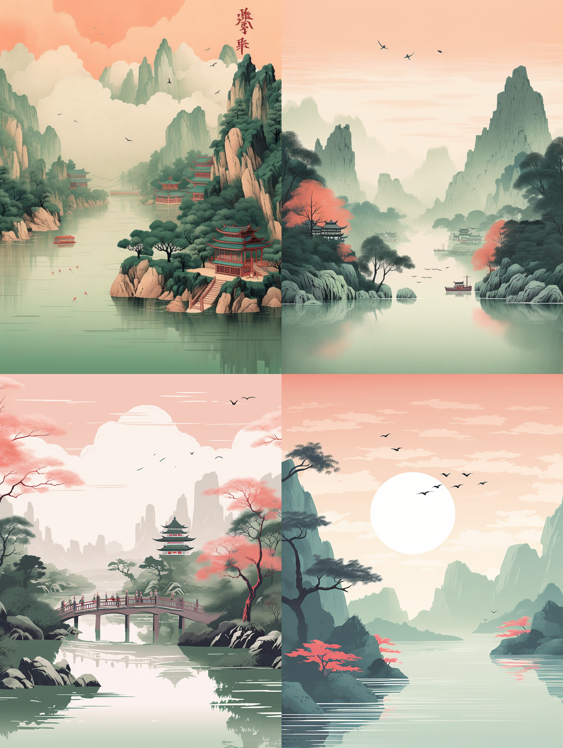 江南的插画，远山近水，有小桥流水人家，有留白。粉红嫩绿配色，新工笔画风格，线条细腻，国画，肌理磨砂质感，东方美学，简约风格，细节刻画，静态，优雅，细腻。