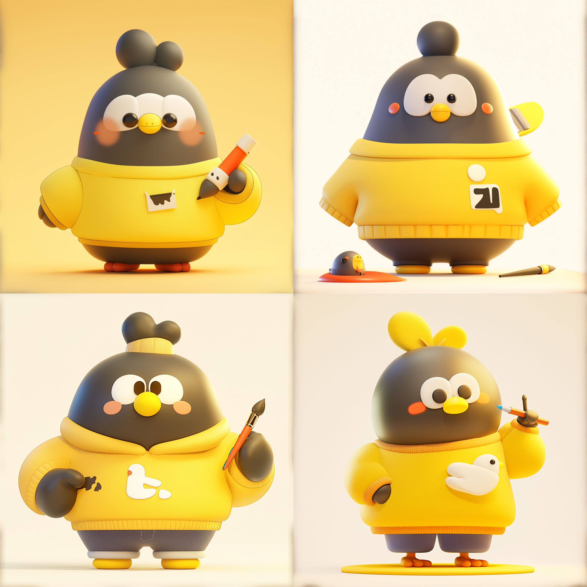 全身拍摄，超级可爱的艺术家鸽子，黄色卫衣，蓝色裤子，手持画笔，3d模型，正面视图，白色背景，搅拌机渲染，高分辨率，工作室照明，卡通风格，明亮色彩，专注表情。