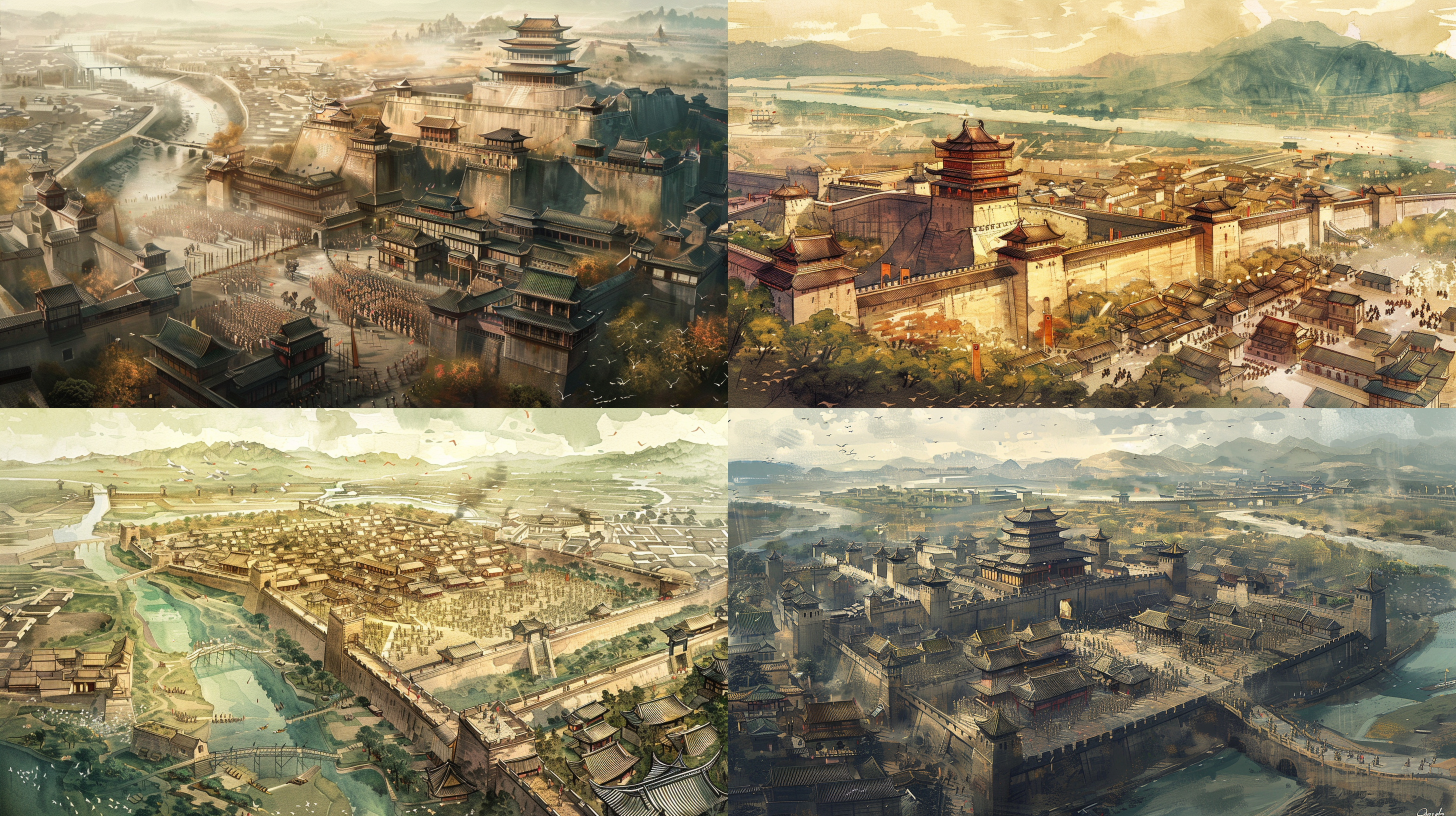 中国水墨插画，唐朝，传统服饰，丰富颜色，高空视图 城墙高耸，城门紧闭，护城河环绕，城楼上士兵巡逻 河流，远山