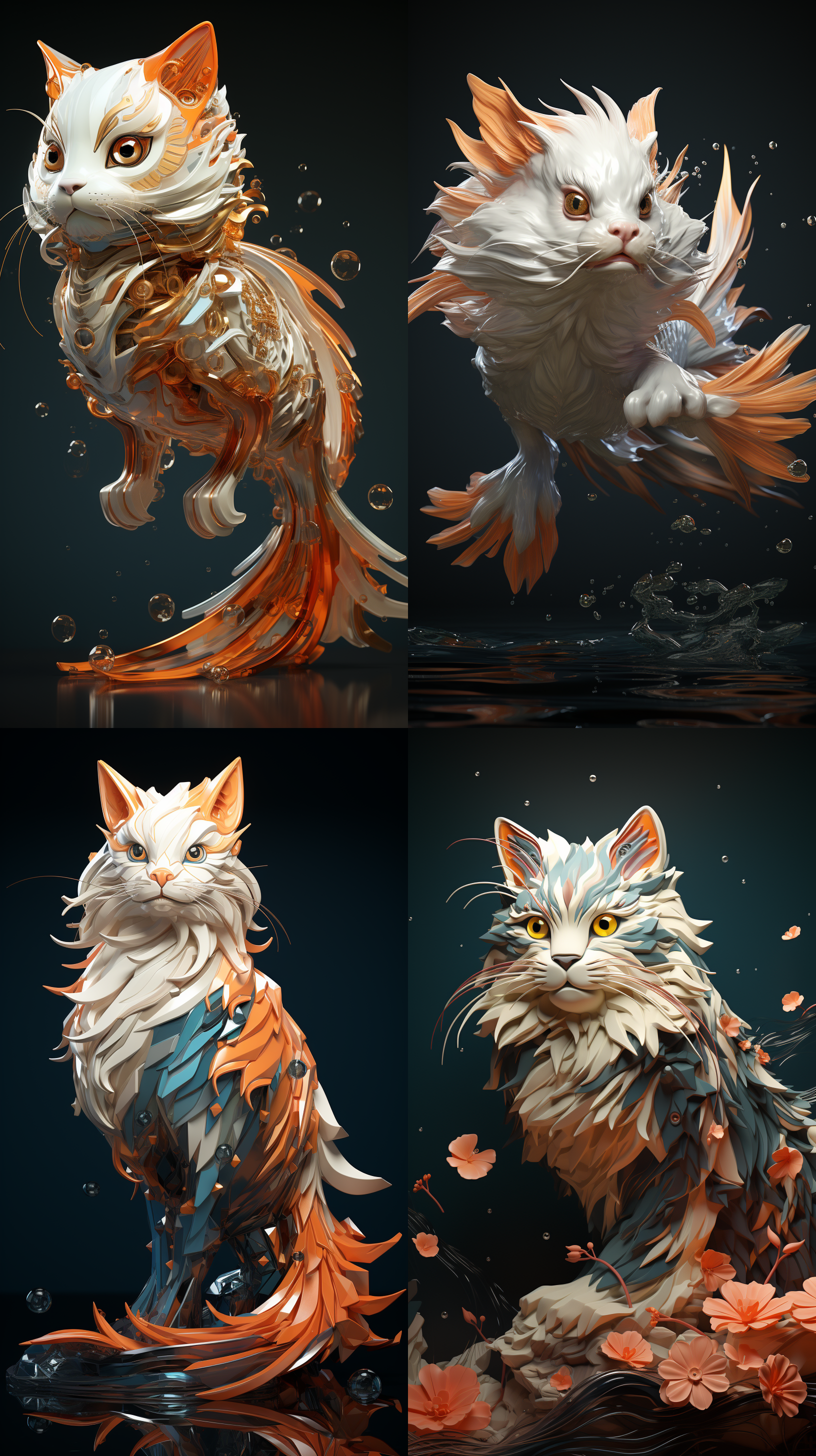 低多边形风格 狸花猫轻盈地迈着步伐，嘴里衔着鱼，它的每一步都带着坚定，仿佛在诉说着一段独特的故事。3d渲染。 mj5.2(真实细节)图片尺寸:1600*900 [1536 3027