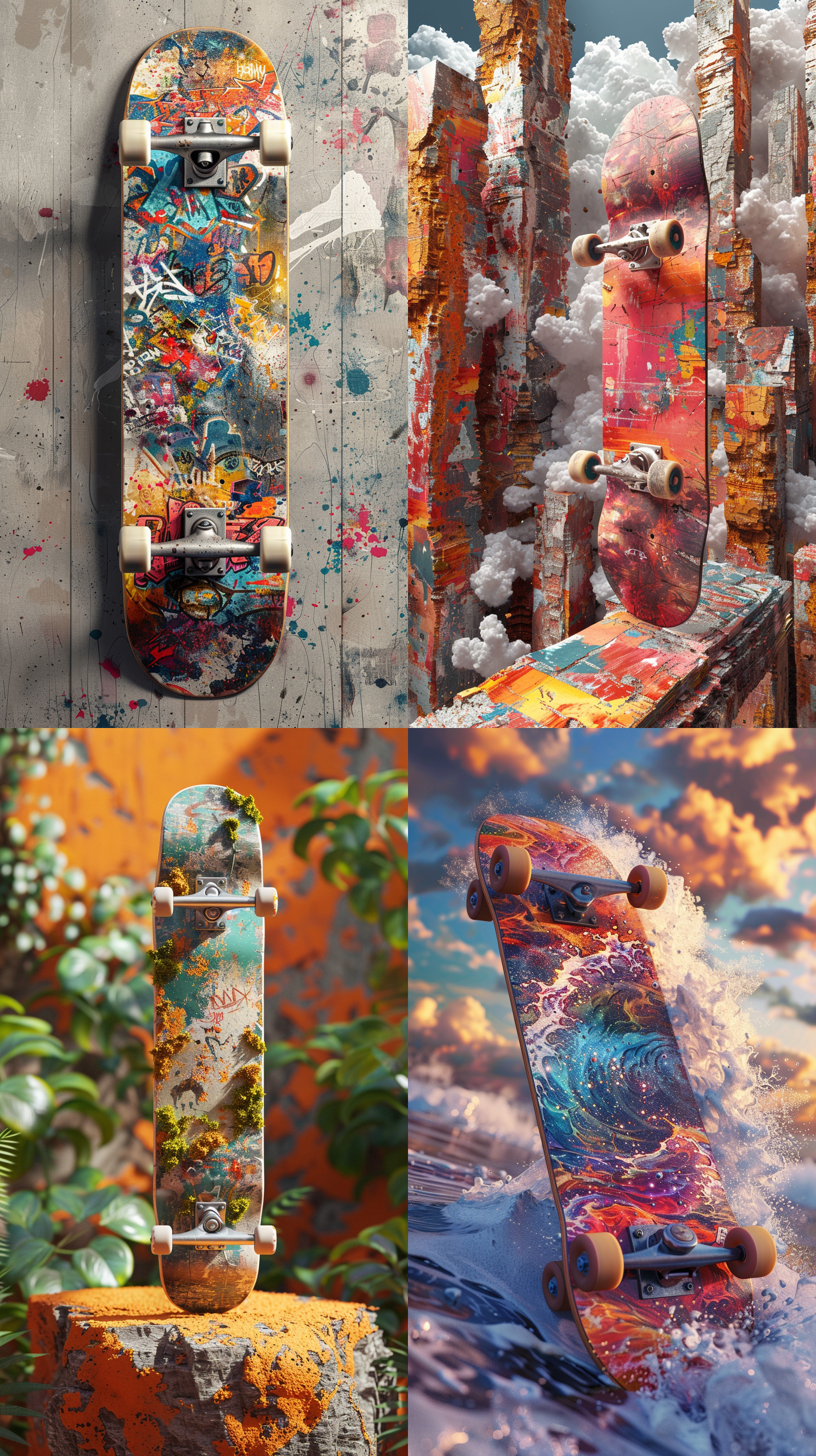 collage composition a 3d render of a skateboard with