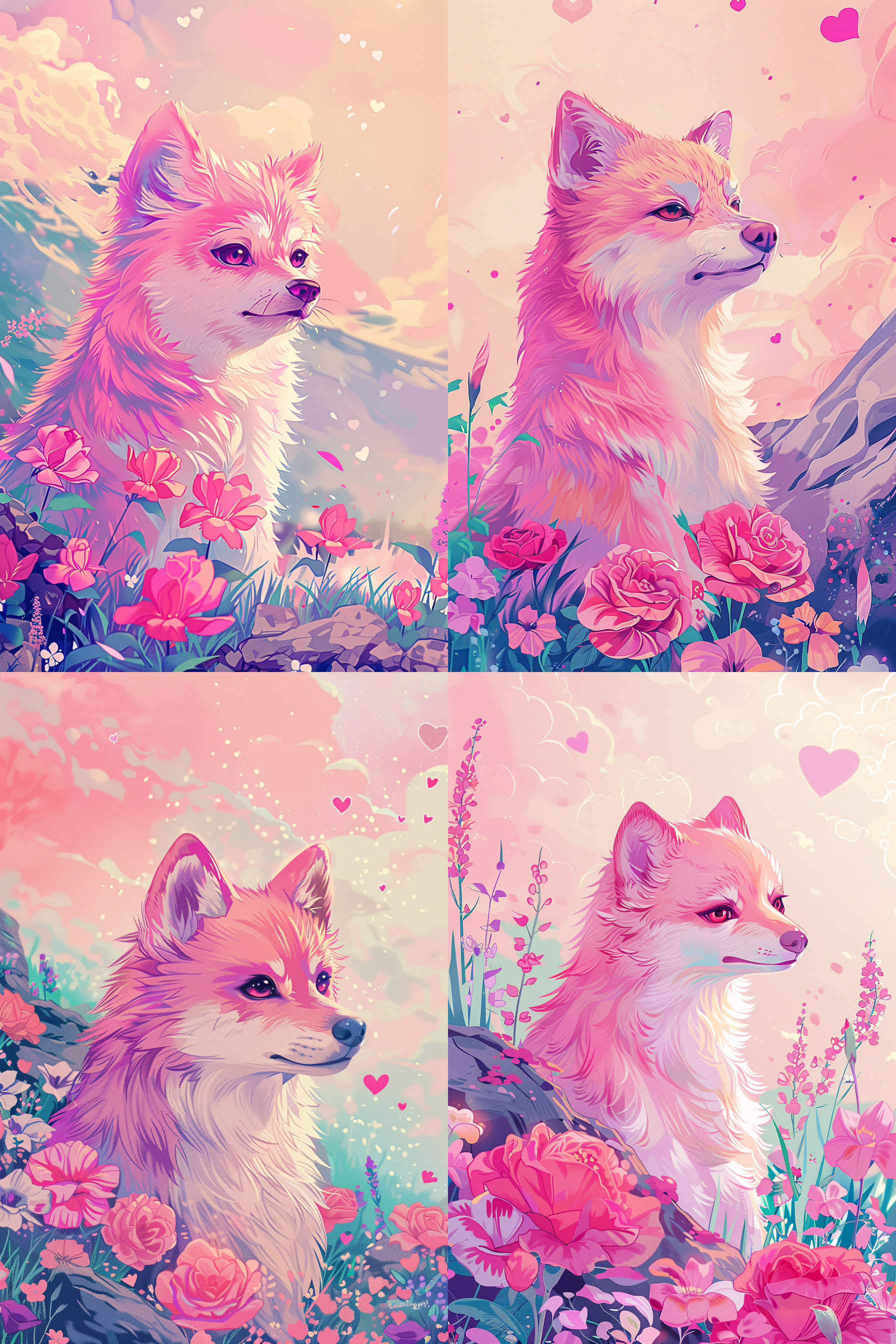 柴犬粉红皮毛，岩彩板绘，水彩风格，精细刻画，玫瑰花鸢尾花前景，淡粉天空，爱心云朵，柔和光线，温馨氛围，静谧场景