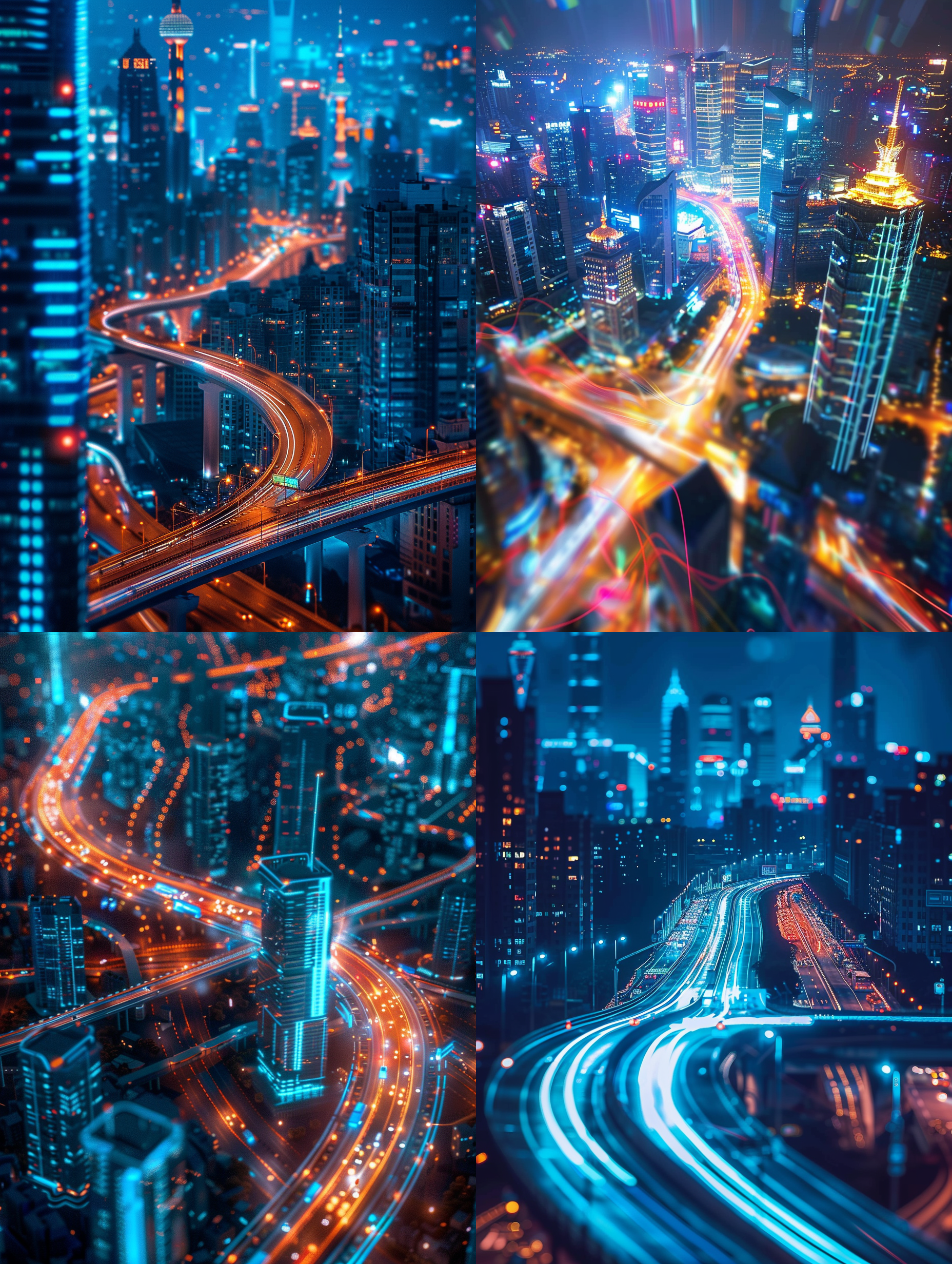 depth of field a glowing cyan hologram,panorama,aerial view,wukang building,shanghai,some ancient buildings loom faintly under the lights, the lights on the streets are flowing ribbons,interweaving the veins of the city.streamlined building,sports car,particle effects,viaduct, isolated dark background,