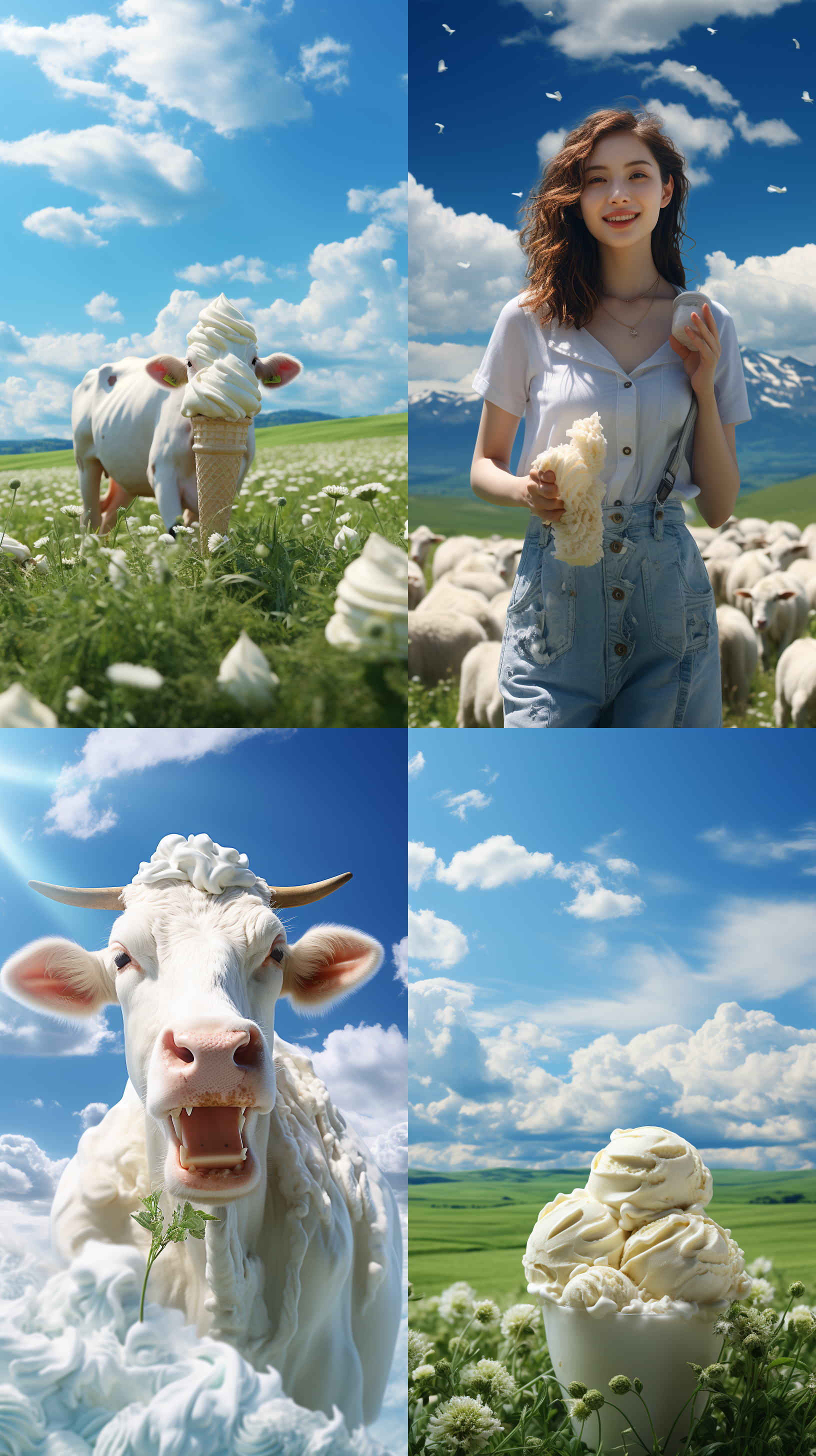 背景蓝天白云下，一望无垠的绿草地，近景是欢乐的放牧小姑娘，一只手，拿着，奶油味味冰淇凌，火炬形状，全景展示，清新日式风格，细腻质感，不填充背景色，柔和，清凉，诱人， 3d ，全景深摄像